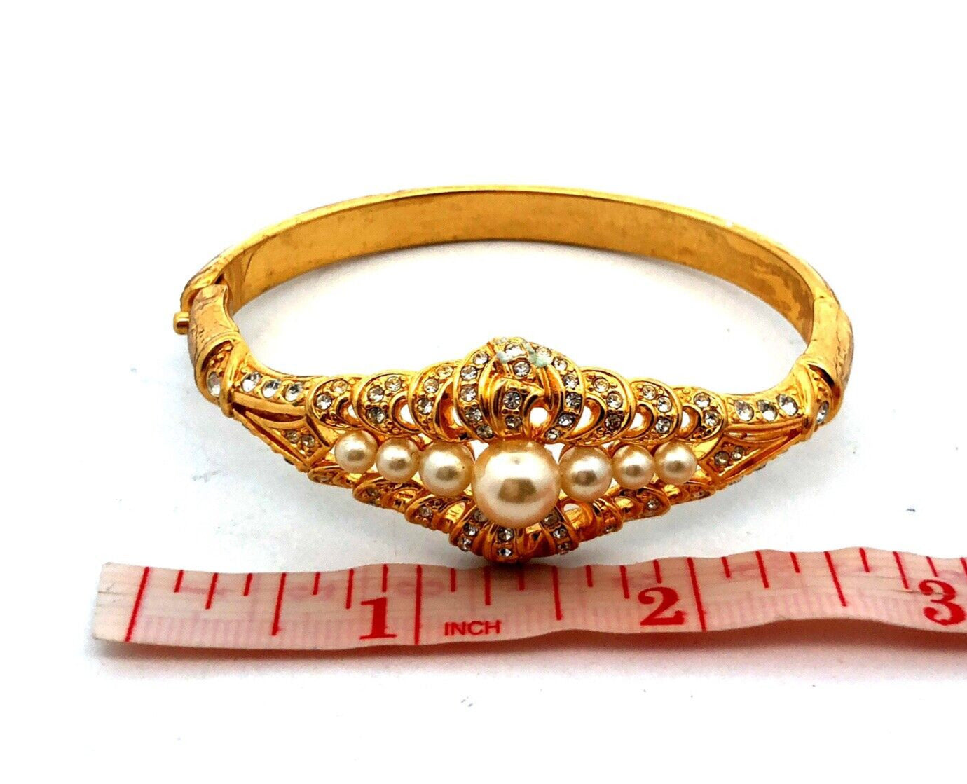 Vintage Barbara Mandrell Gold Tone Faux Pearl Rhinestone Hinged Cuff Bracelet