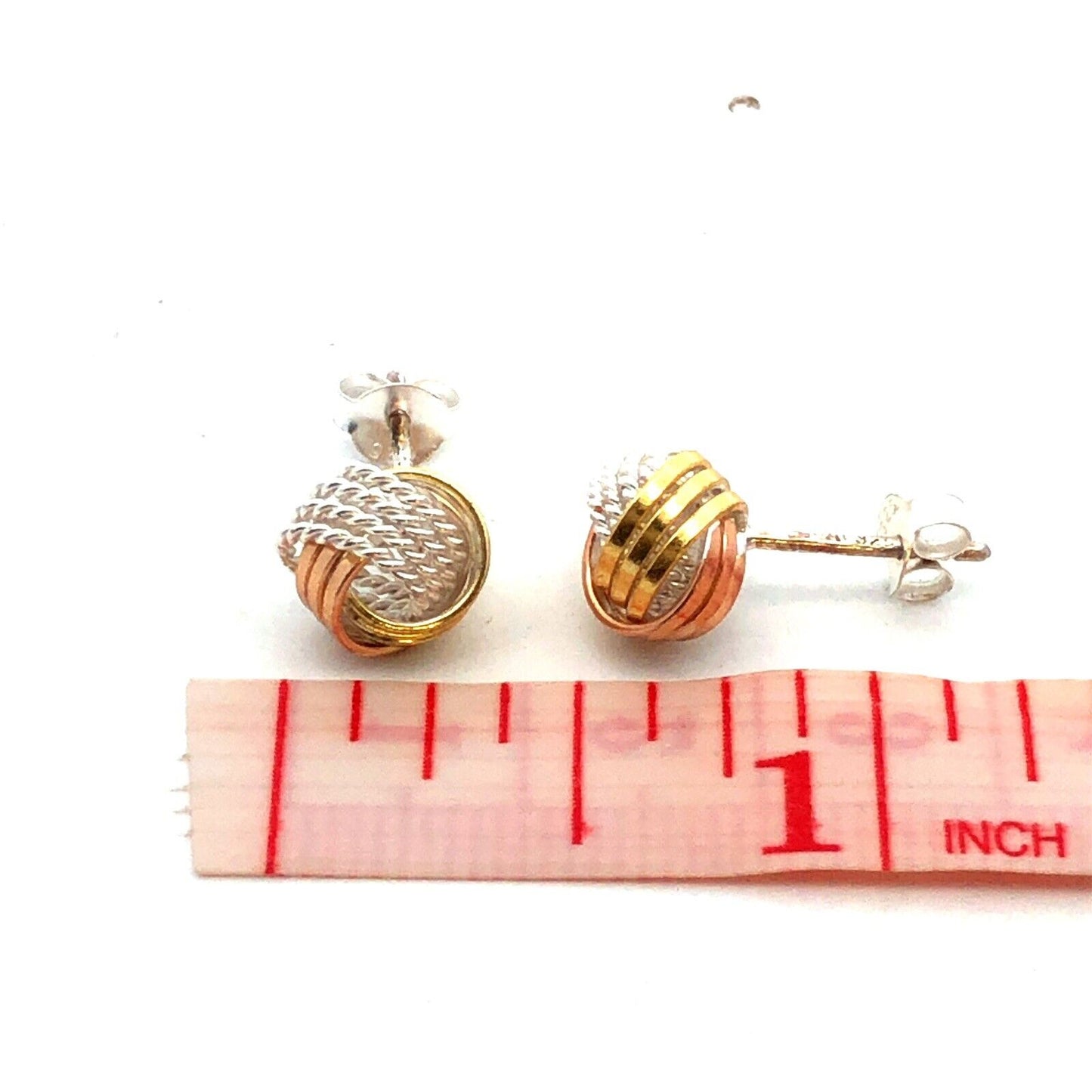 Designer 925 Sterling Silver Vermeil Tri-Tone Textured Twist Knot Stud Earrings
