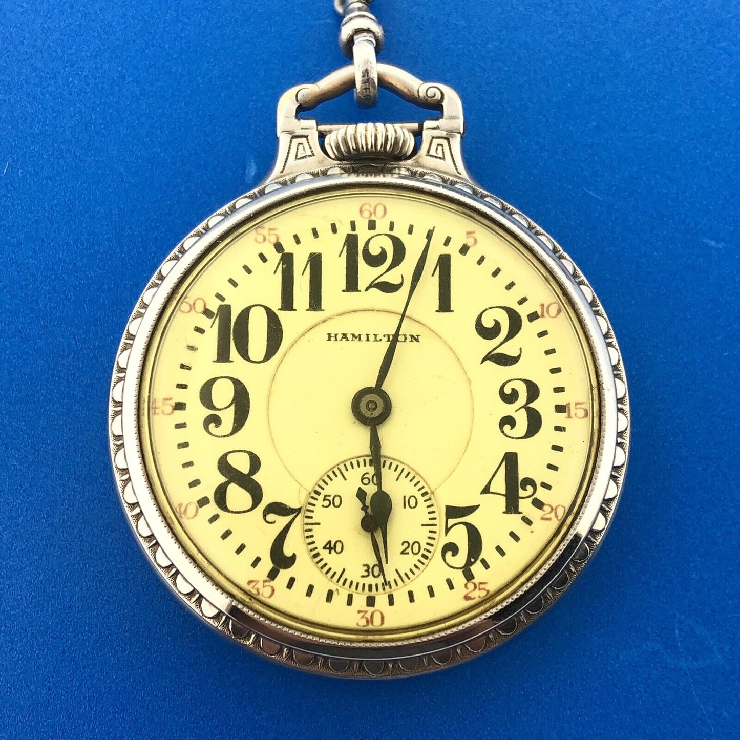 1928 Hamilton 14K White Gold-Filled Railroad Grade Open Face Pocket Watch w/Fob