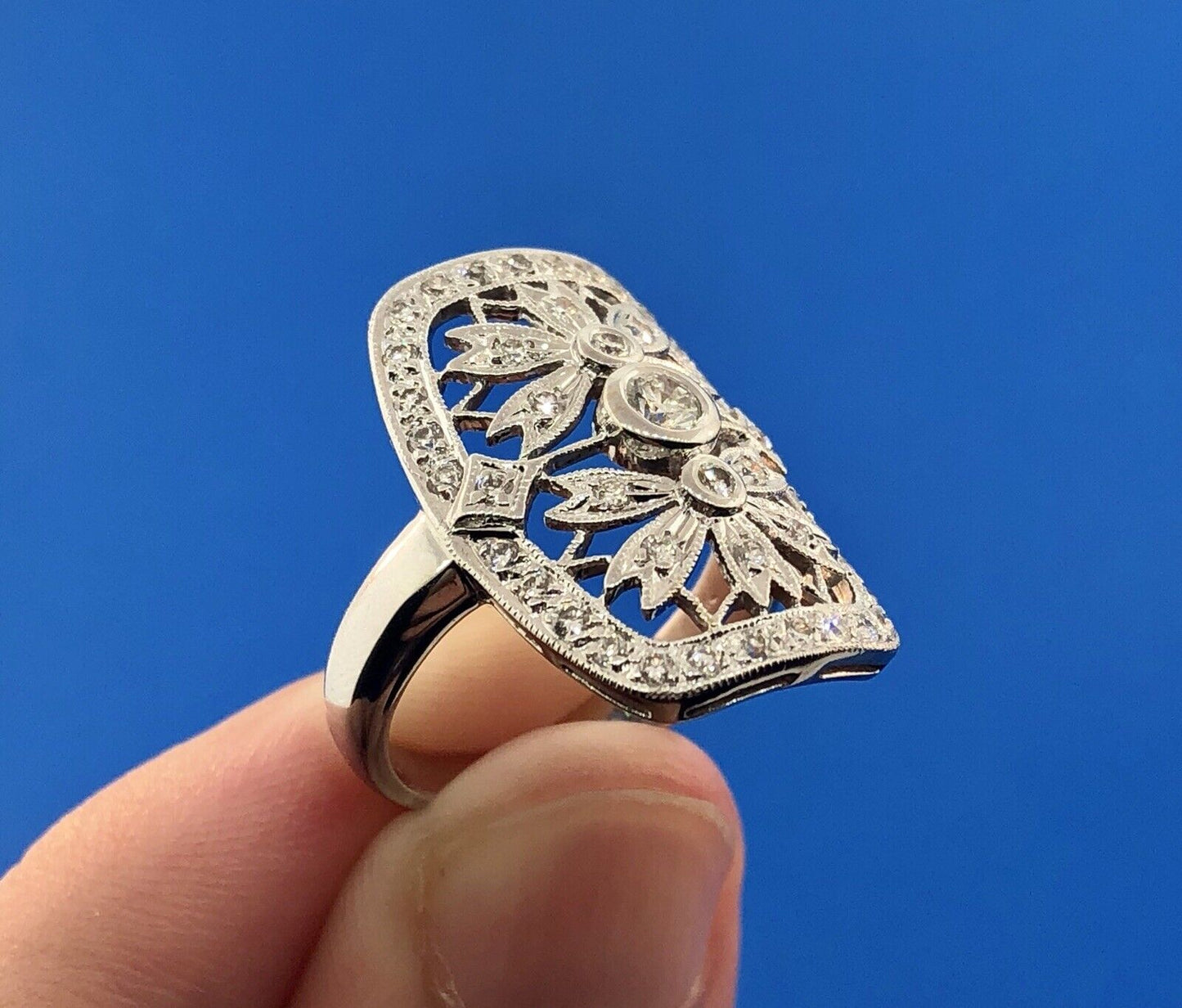 Vintage 18K White Gold Diamond Floral Filigree Statement Finger Ring
