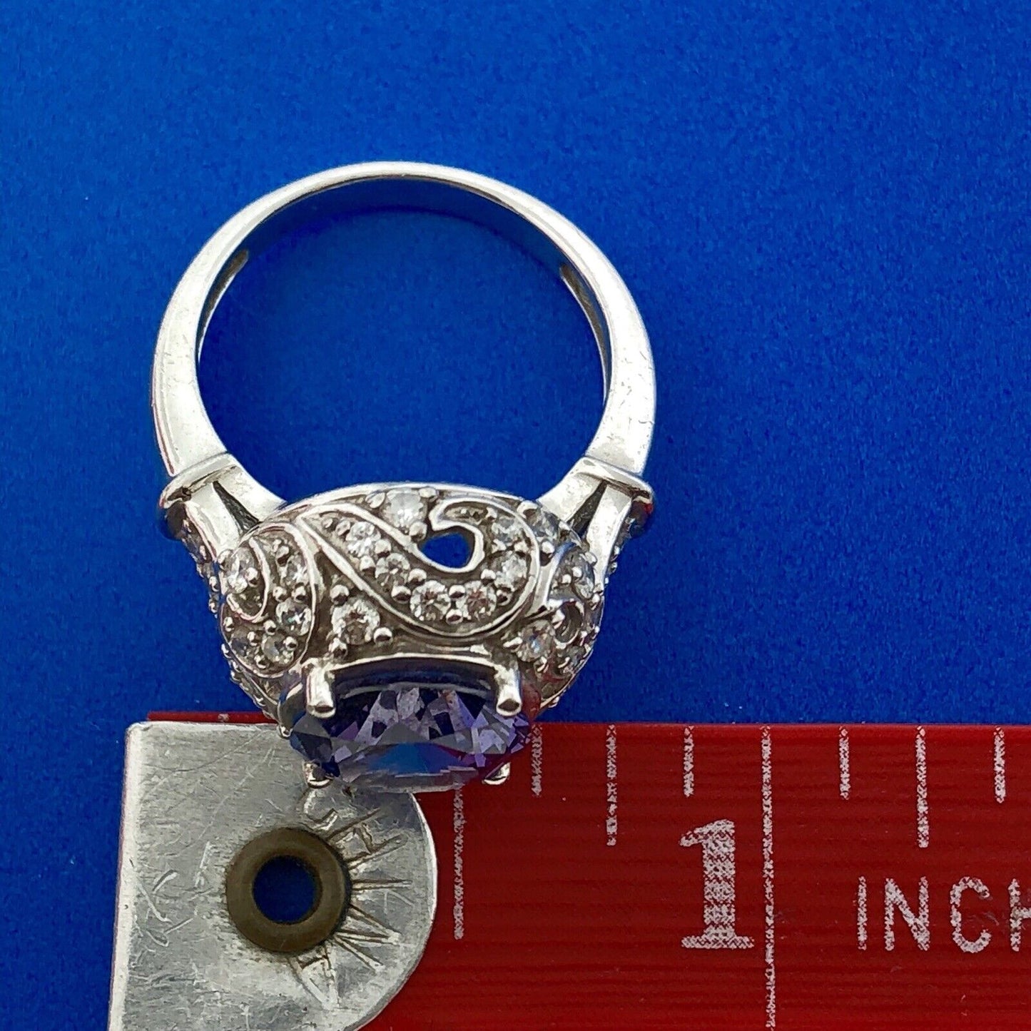 Gorgeous Sterling Silver 925 Purple Spinel Diamond Halo Statement Cocktail Ring