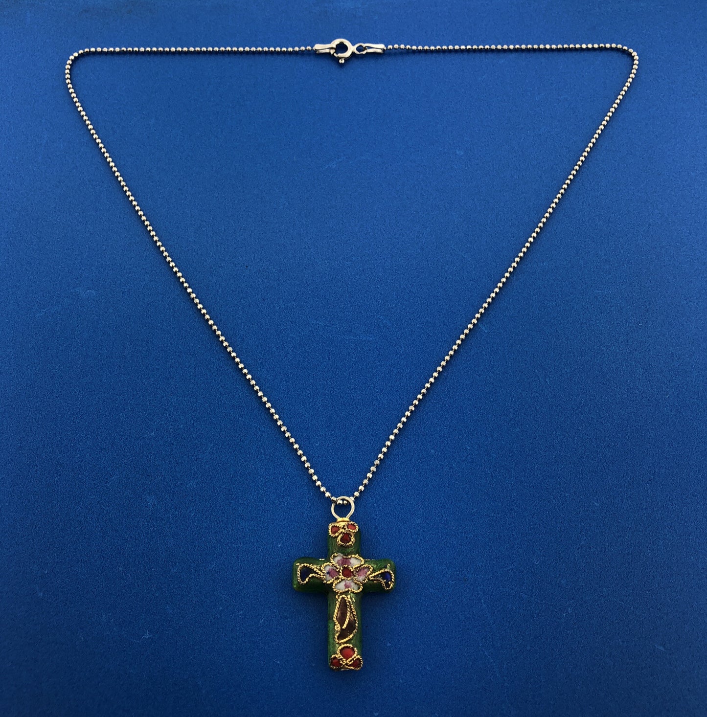 Retro 925 Sterling Silver Vermeil Enamel Cloisonne Cross Two Toned Necklace