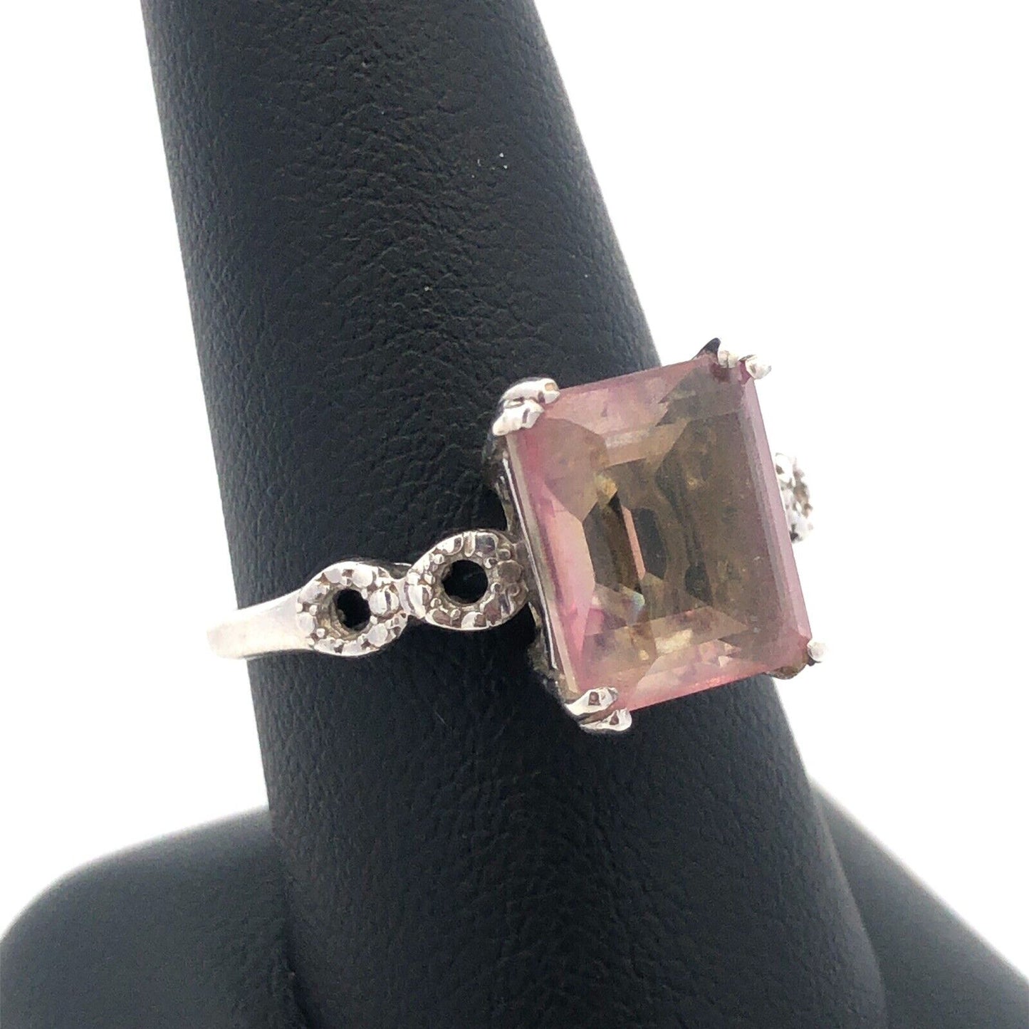 Designer STS 925 Sterling Silver Emerald Cut Pink Amethyst Anniversary Ring
