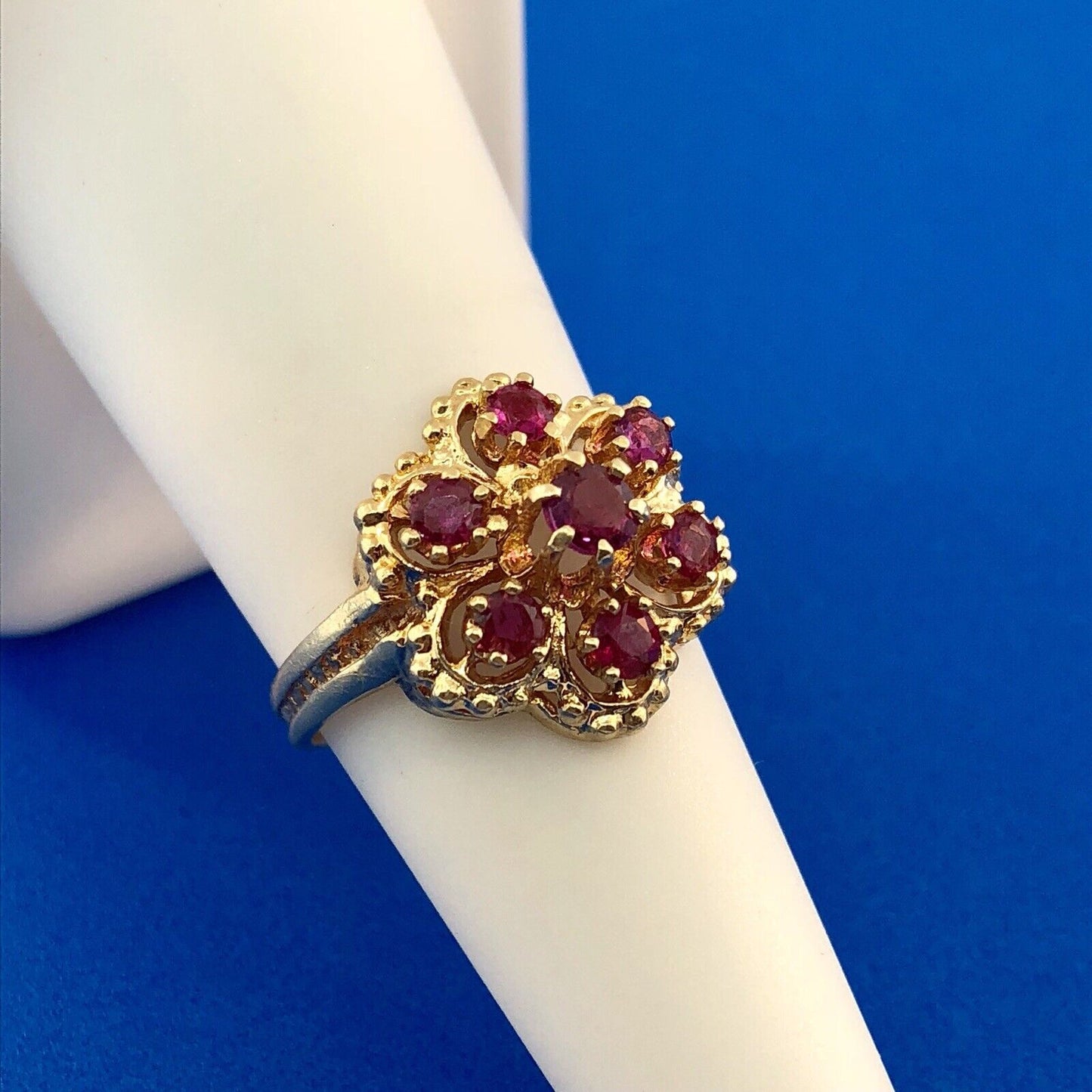 Perfect 14K Yellow Gold Ruby Flower Cluster July Anniversary Sweetheart Ring