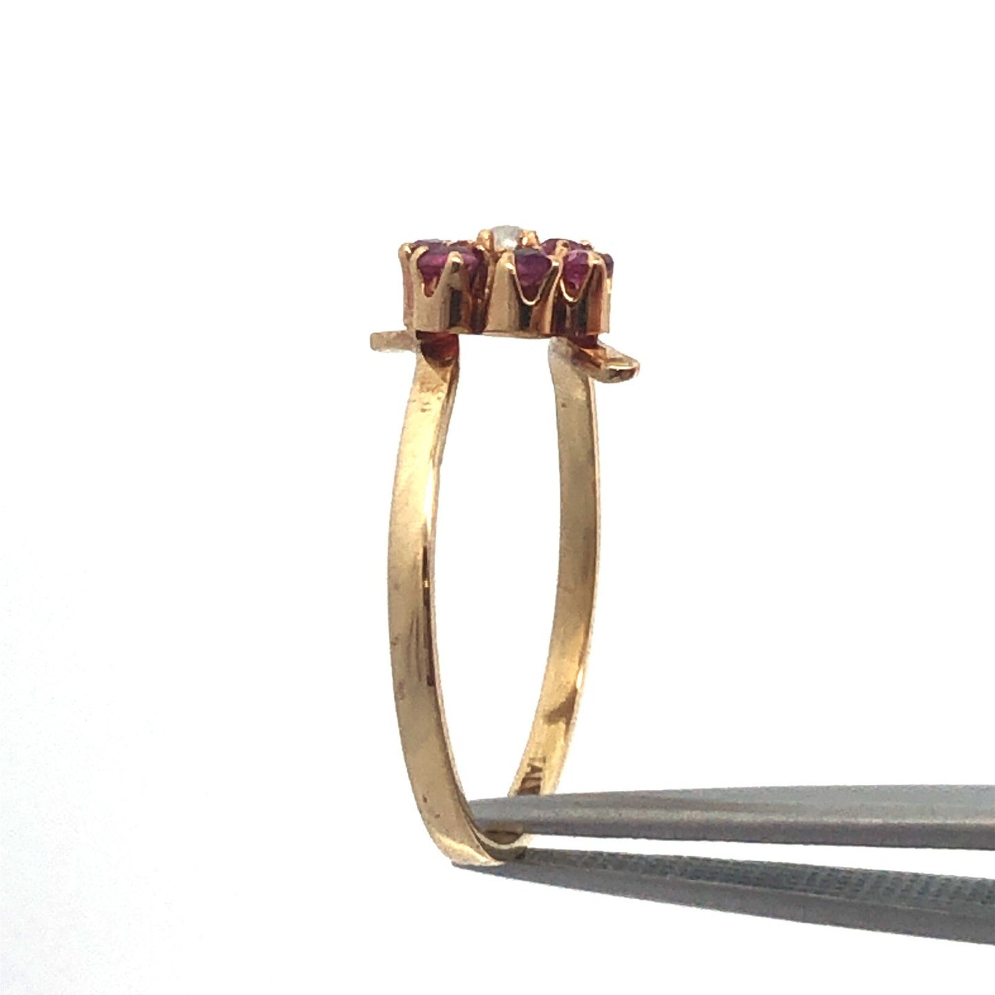 Vintage 14K Yellow Gold Ruby Pearl Flower Cluster July Sweetheart Bypass Ring