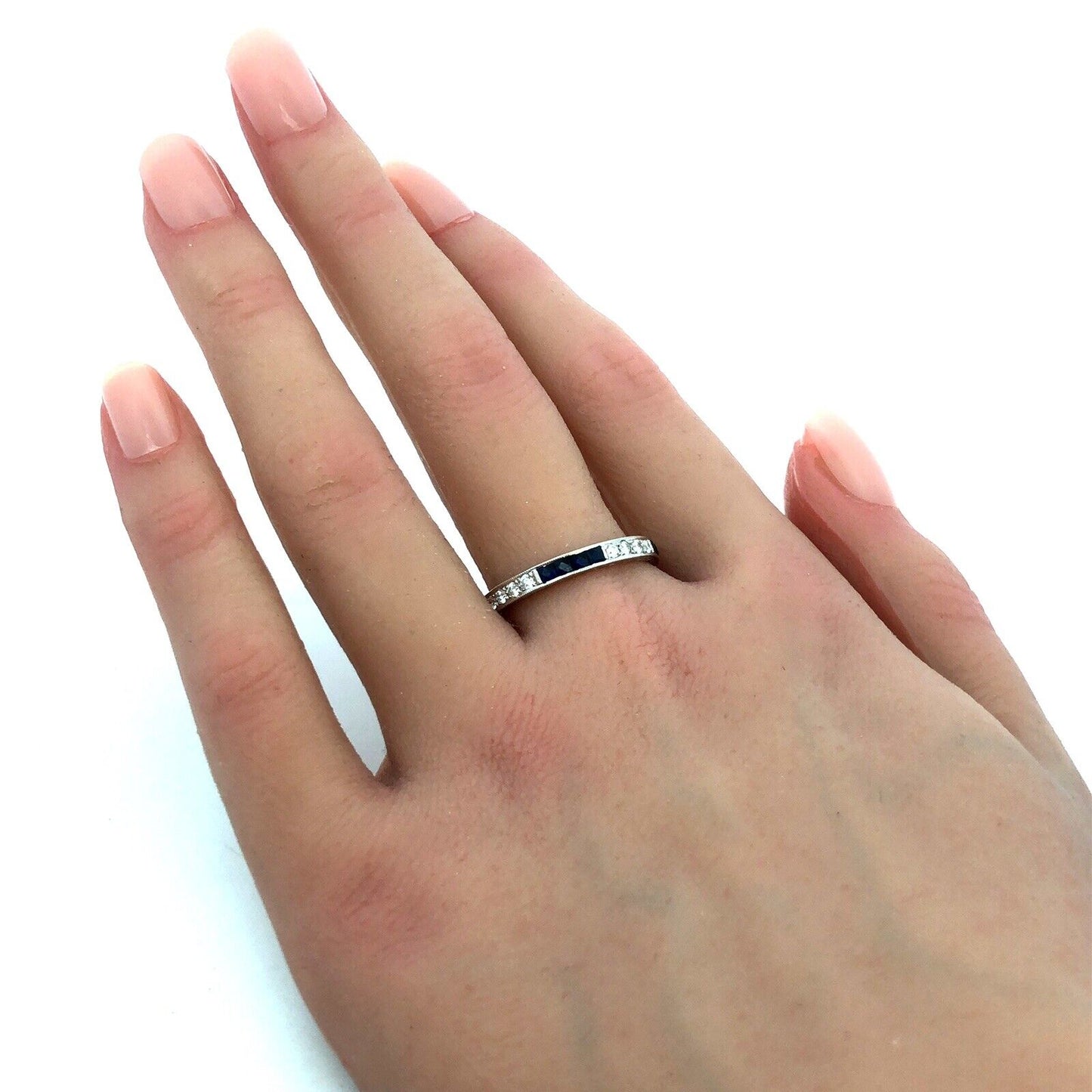 Designer BKC 14K White Gold Sapphire Diamond Wedding Anniversary Band Ring