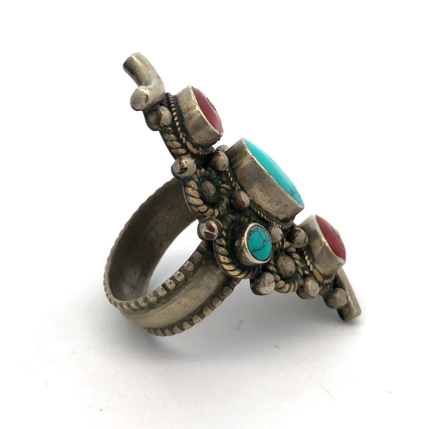 Native American Silver Plate Oval Turquoise Red Coral Detailed Statement Ring