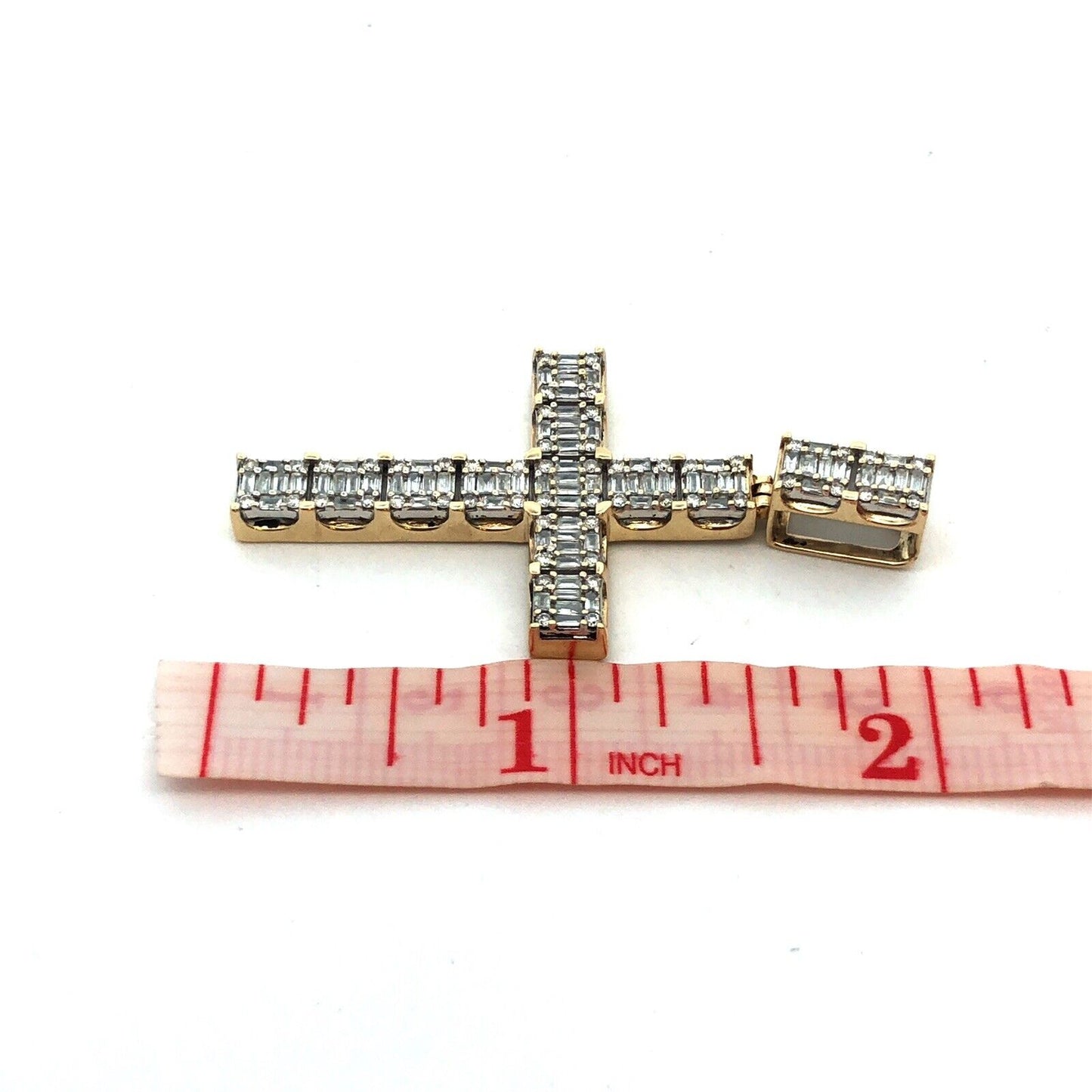 10K Yellow Gold Baguette Round Diamond Pave Statement Cross Pendant