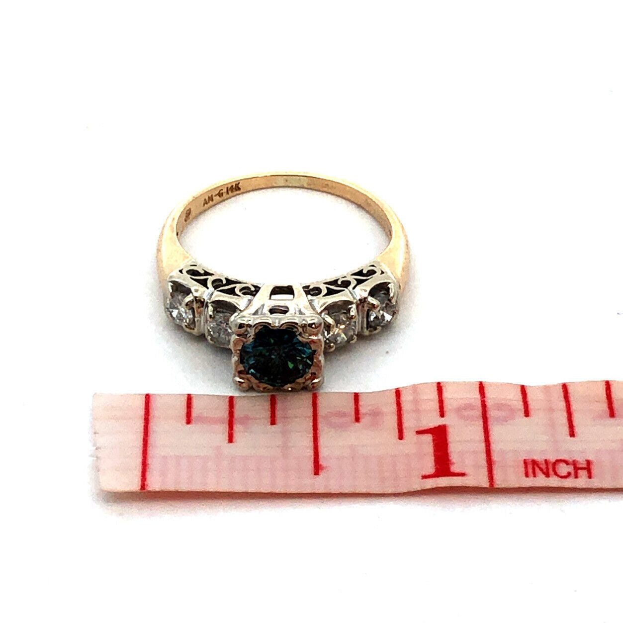 Vintage AM-G 14K Yellow White Gold Blue Diamond White Accented Engagement Ring