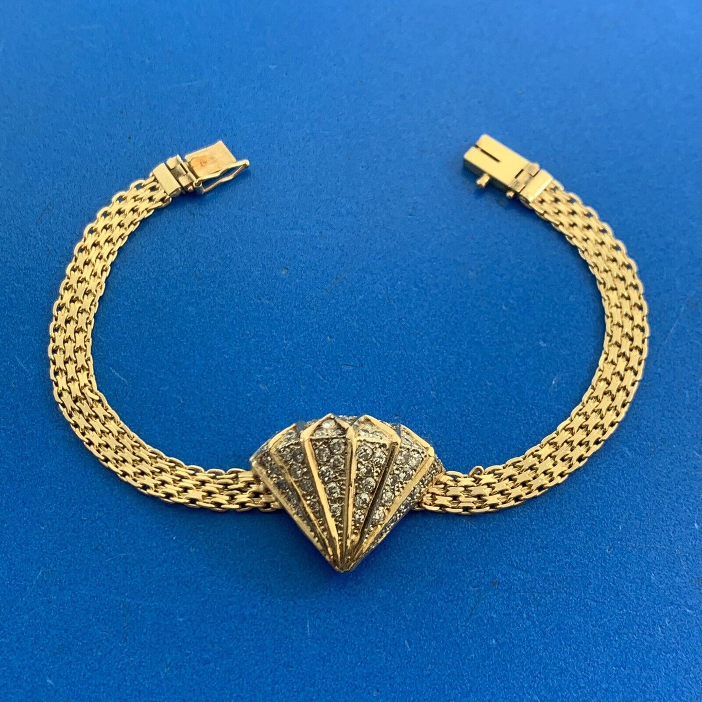 Estate 14K Yellow Gold Custom Round Diamond Statement Mesh Link Bracelet
