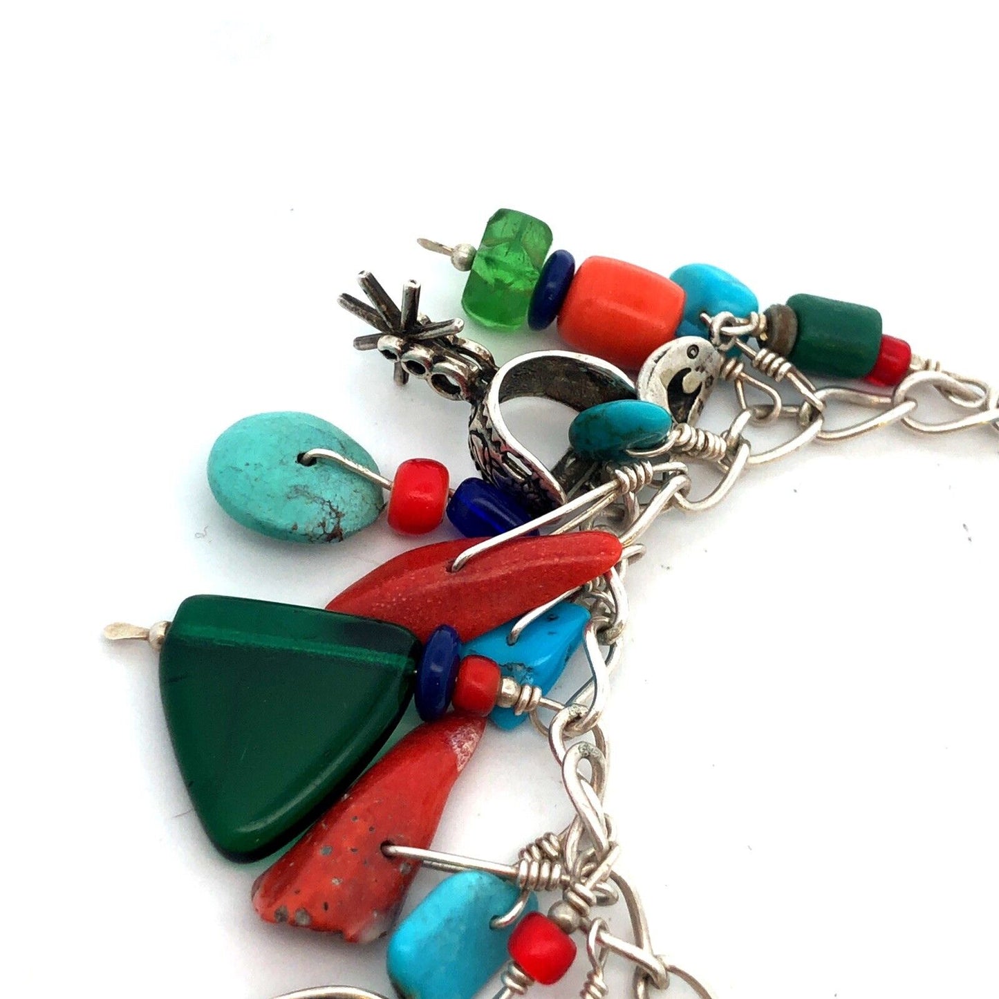 Native American 925 Sterling Silver Multistone Charm Statement Bracelet