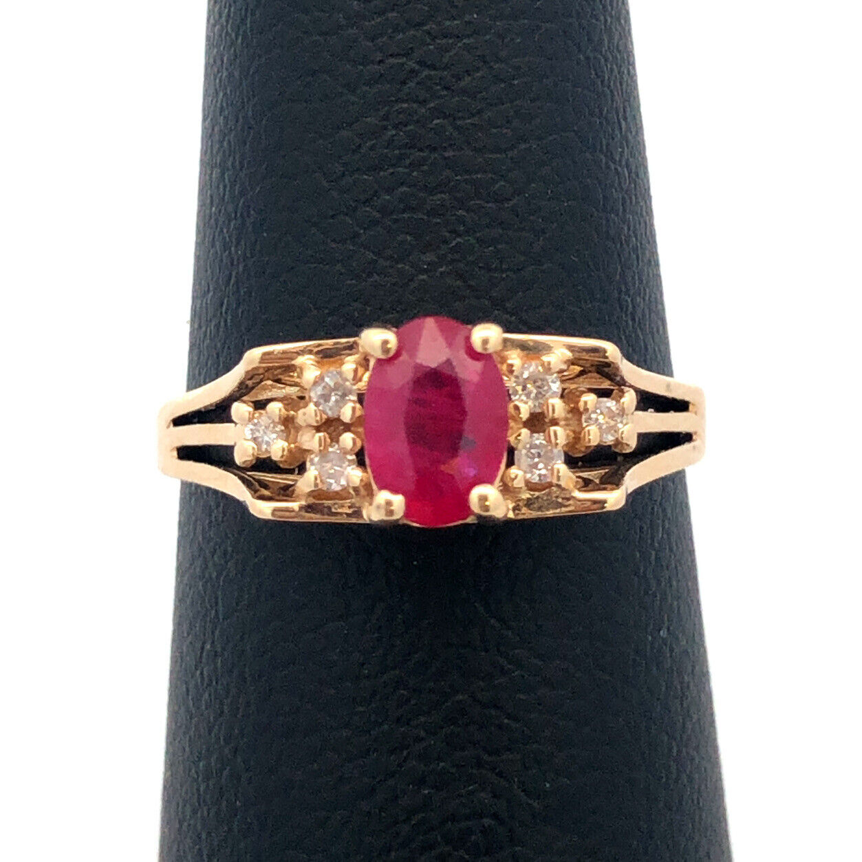Estate 14K Yellow Gold Oval Ruby Diamond Accented July Anniversary Occasion Ring