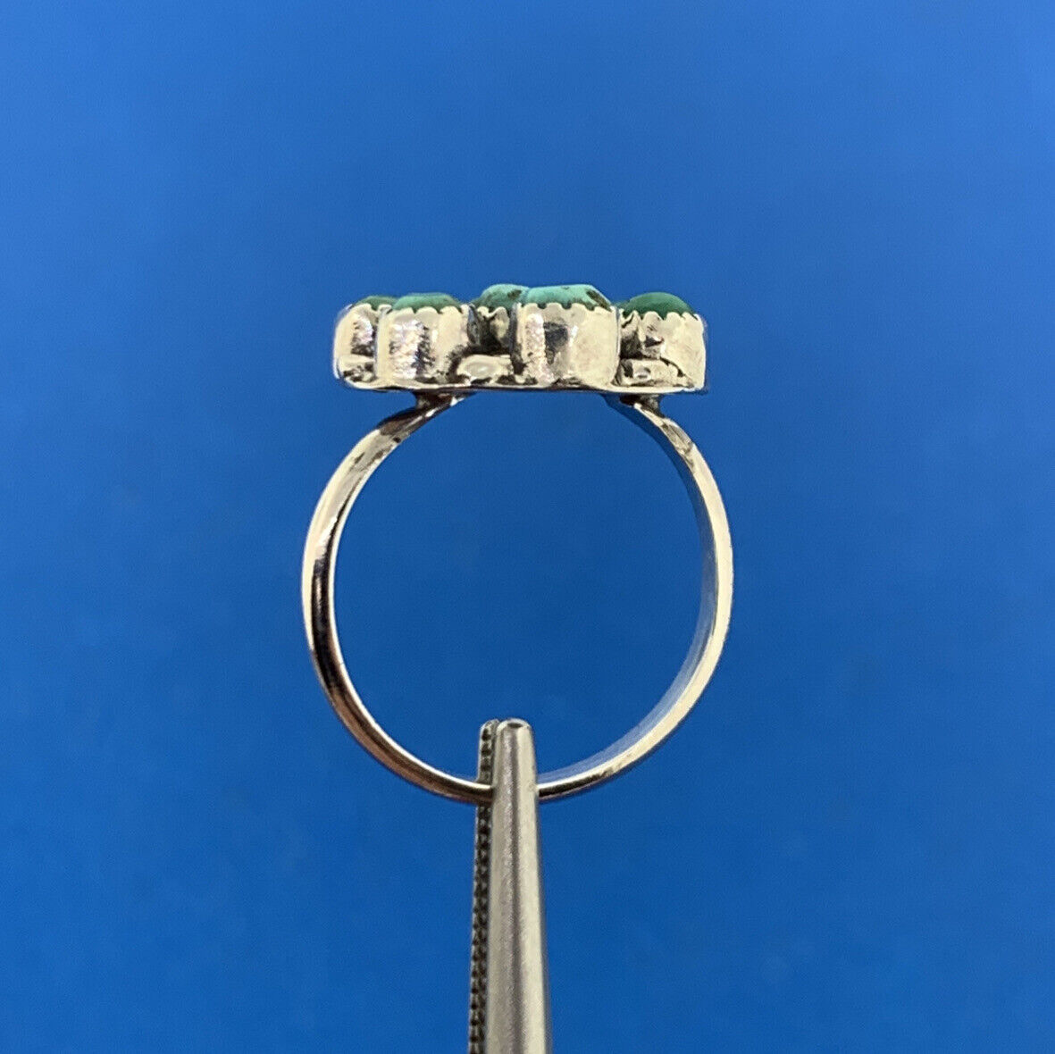 Stunning Sterling Silver 925 7 Green Turquoise Stone Circle Cluster Ring Size 4
