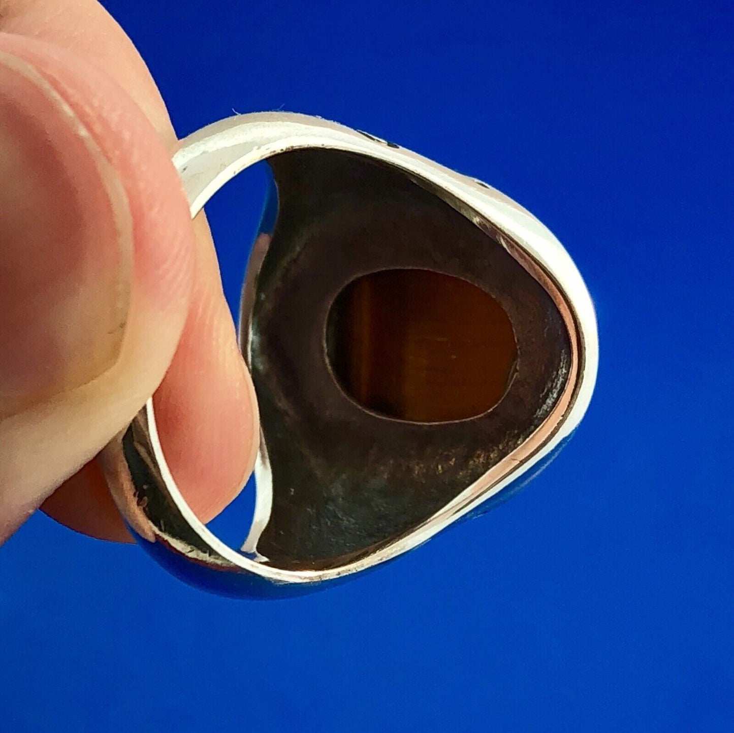 Designer 925 Sterling Silver Tiger Eye Cabochon Heart Scroll Concho Style Ring