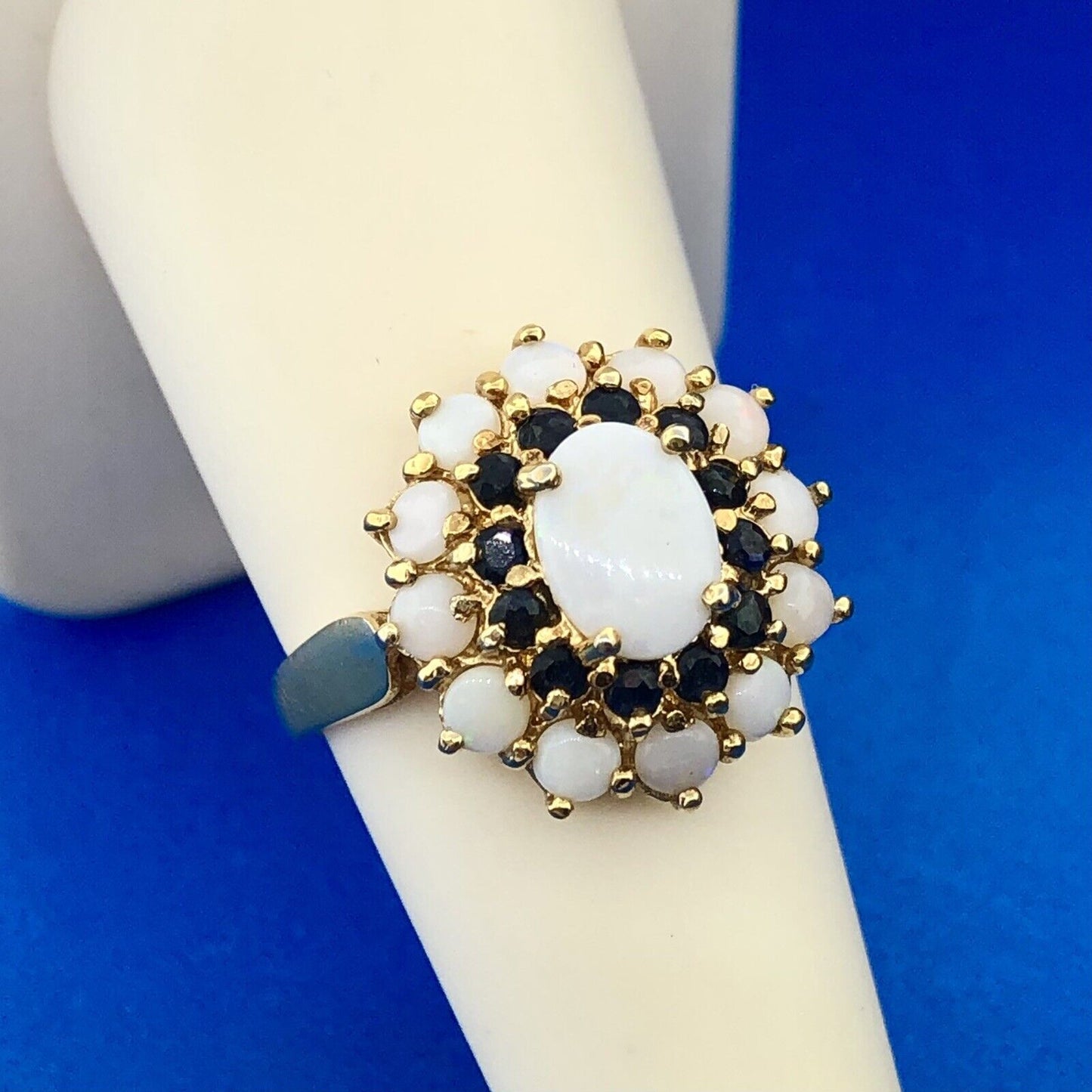 Designer 925 Sterling Silver Vermeil Opal Sapphire Halo Gold Toned Cocktail Ring