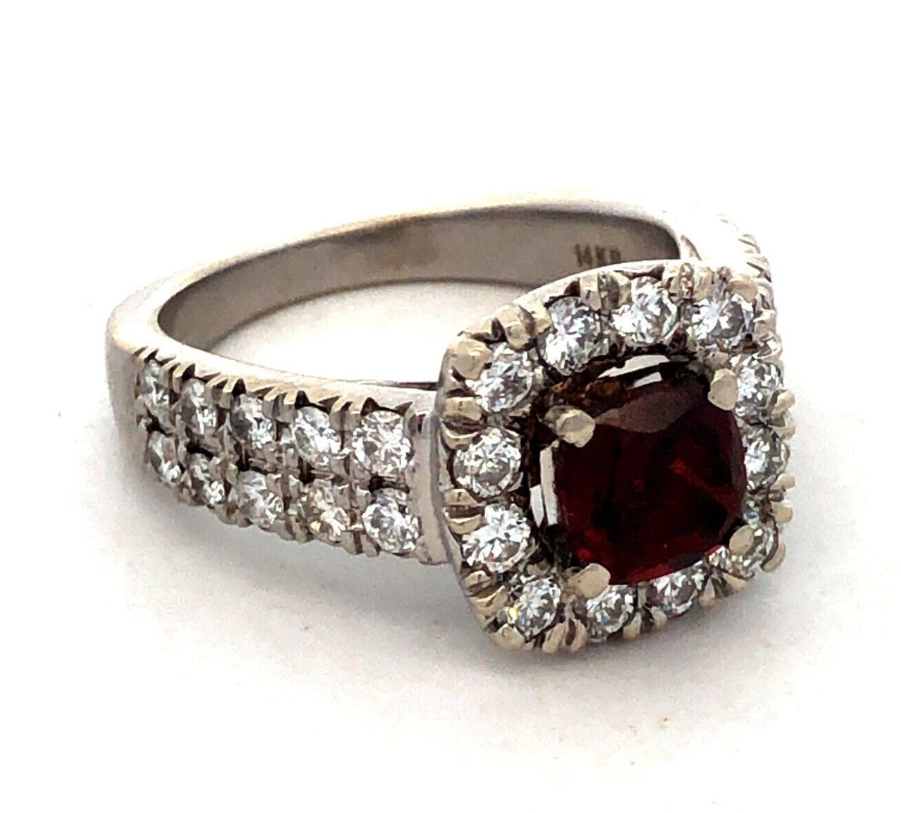 Designer RY 14K White Gold Square Red Tourmaline Diamond Halo Engagement Ring