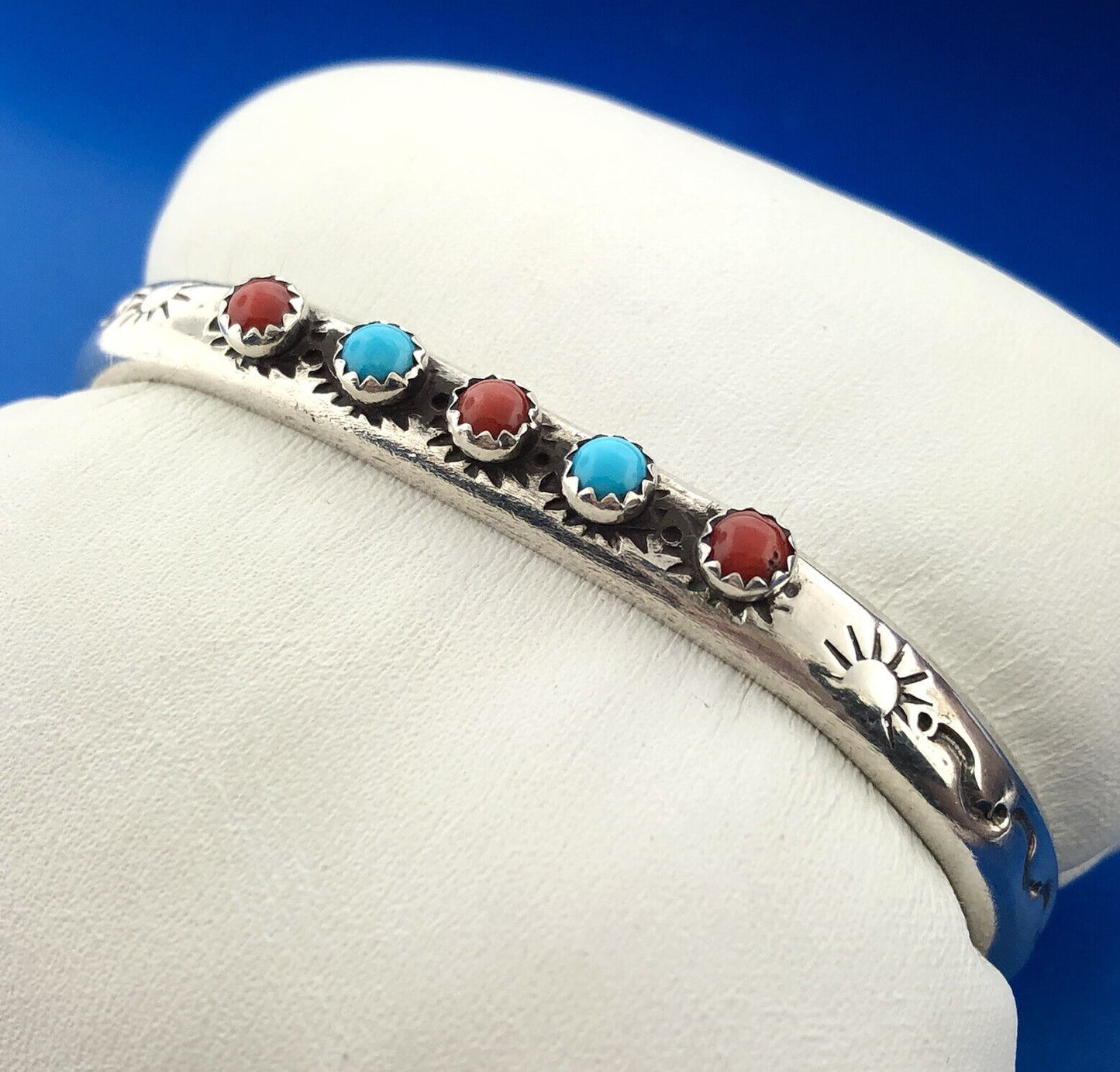 LAG-ZUNI JP Artisan Sterling Turquoise Coral Petite Storyteller Cuff Bracelet