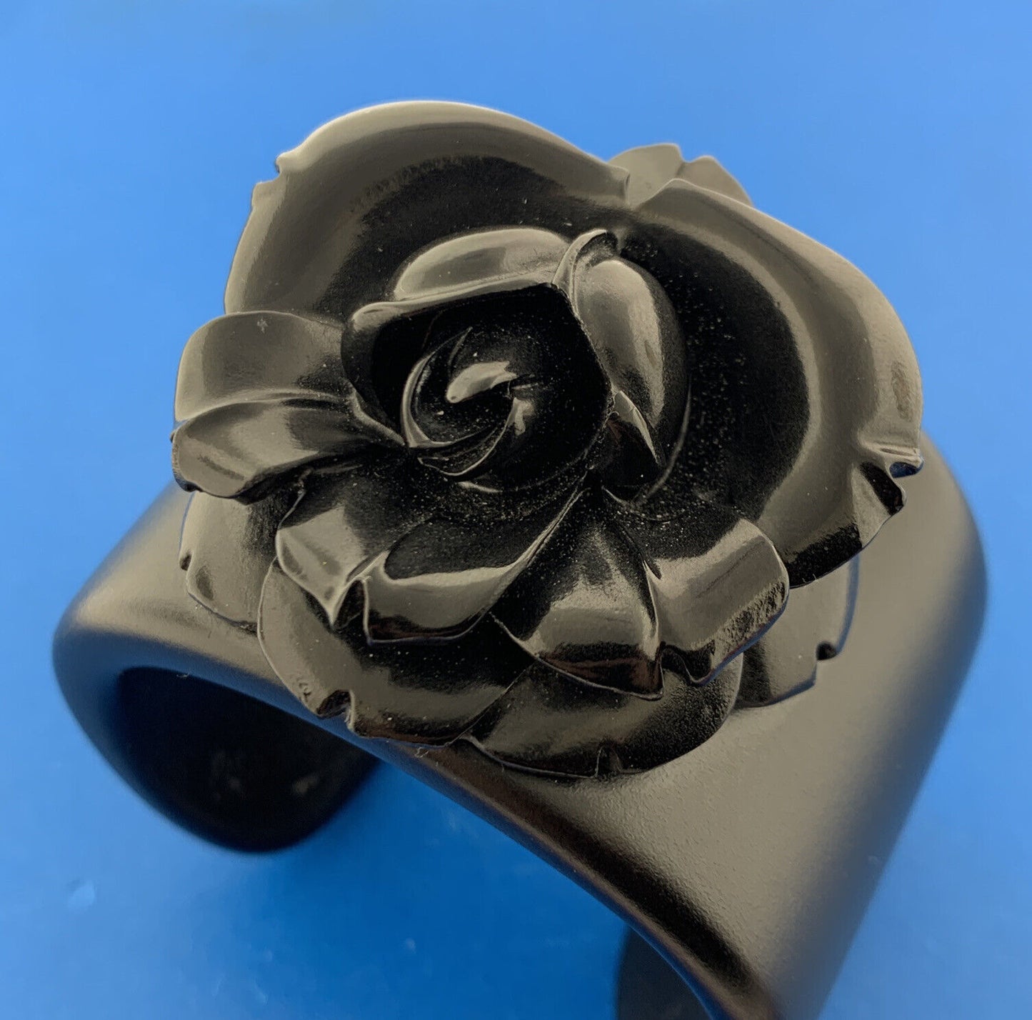 Mid Century Chunky Carved Black Lucite Rose Flower Statement Cuff Bracelet