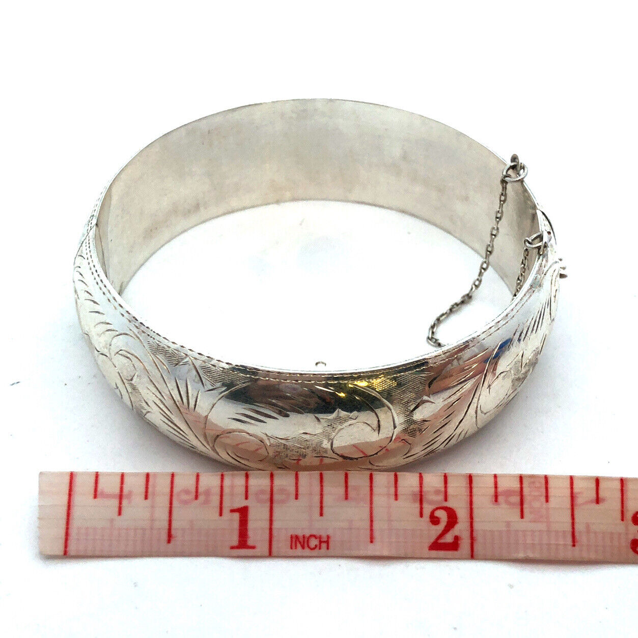 Vintage 925 Sterling Etched Engraved Vine Leaves Nature Hinged Bangle Bracelet