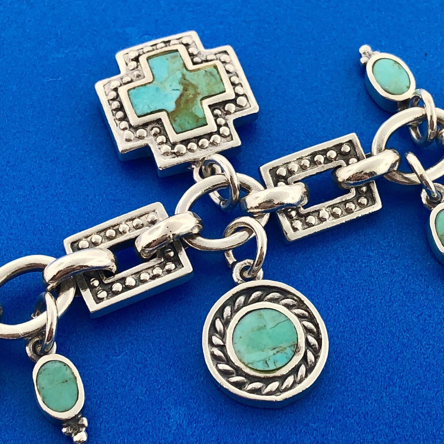 Lovely Sterling Silver 925 Multi-Shaped Turquoise Inlay Charm 7" Toggle Bracelet
