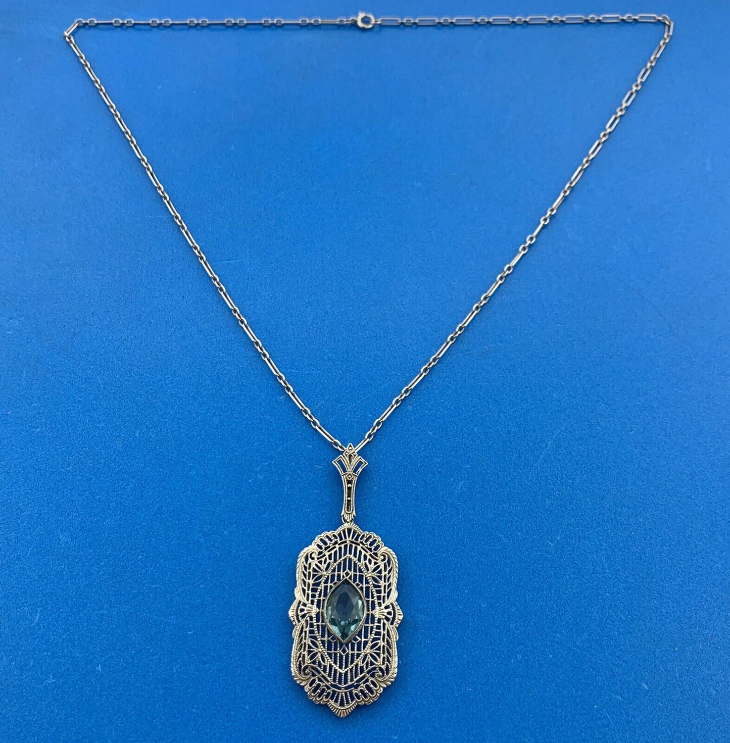 Art Deco 10K 14K White Gold Marquise Art Glass Open Filigree Statement Necklace