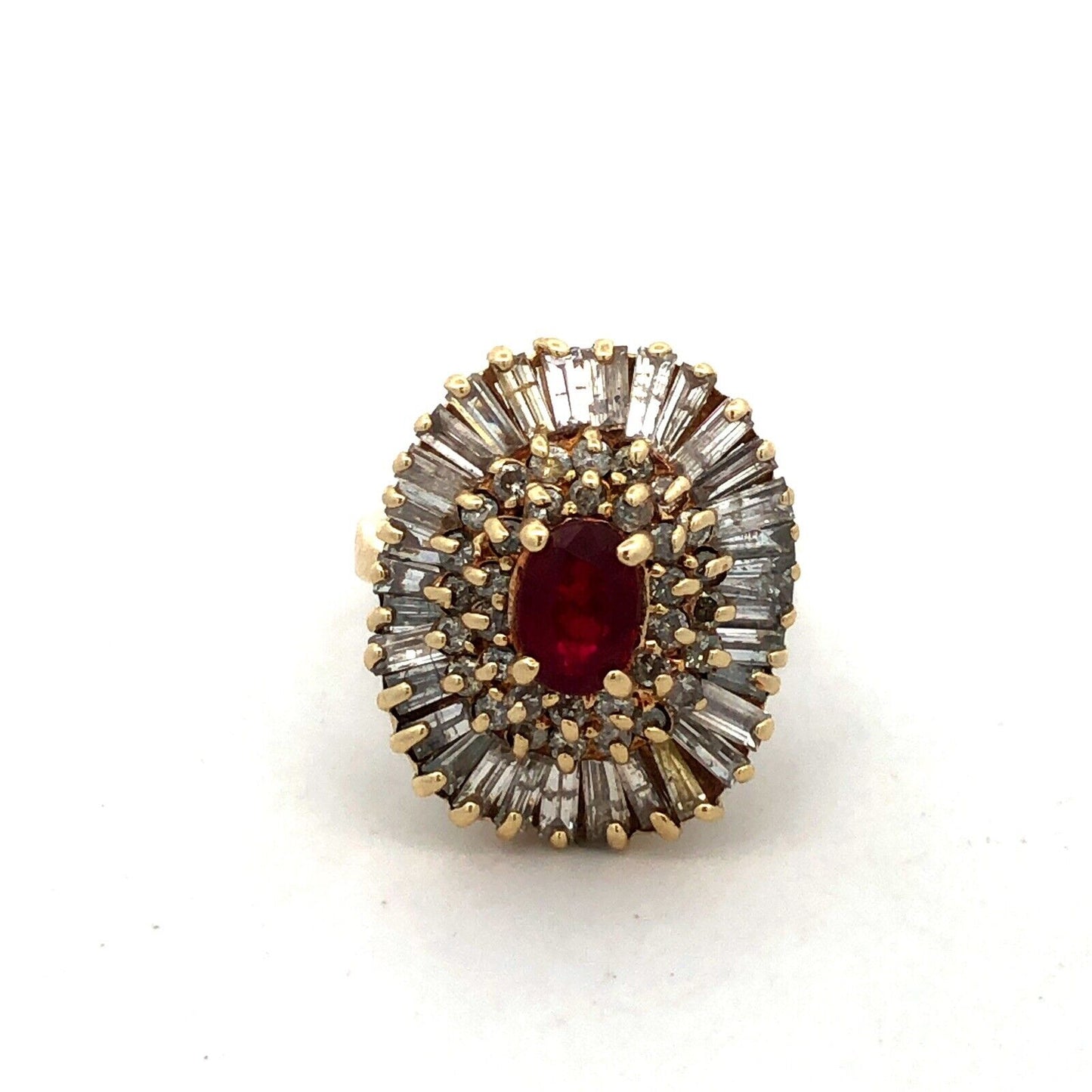 Estate 14K Yellow Gold Ruby Center Diamond Halo July Anniversary Statement Ring