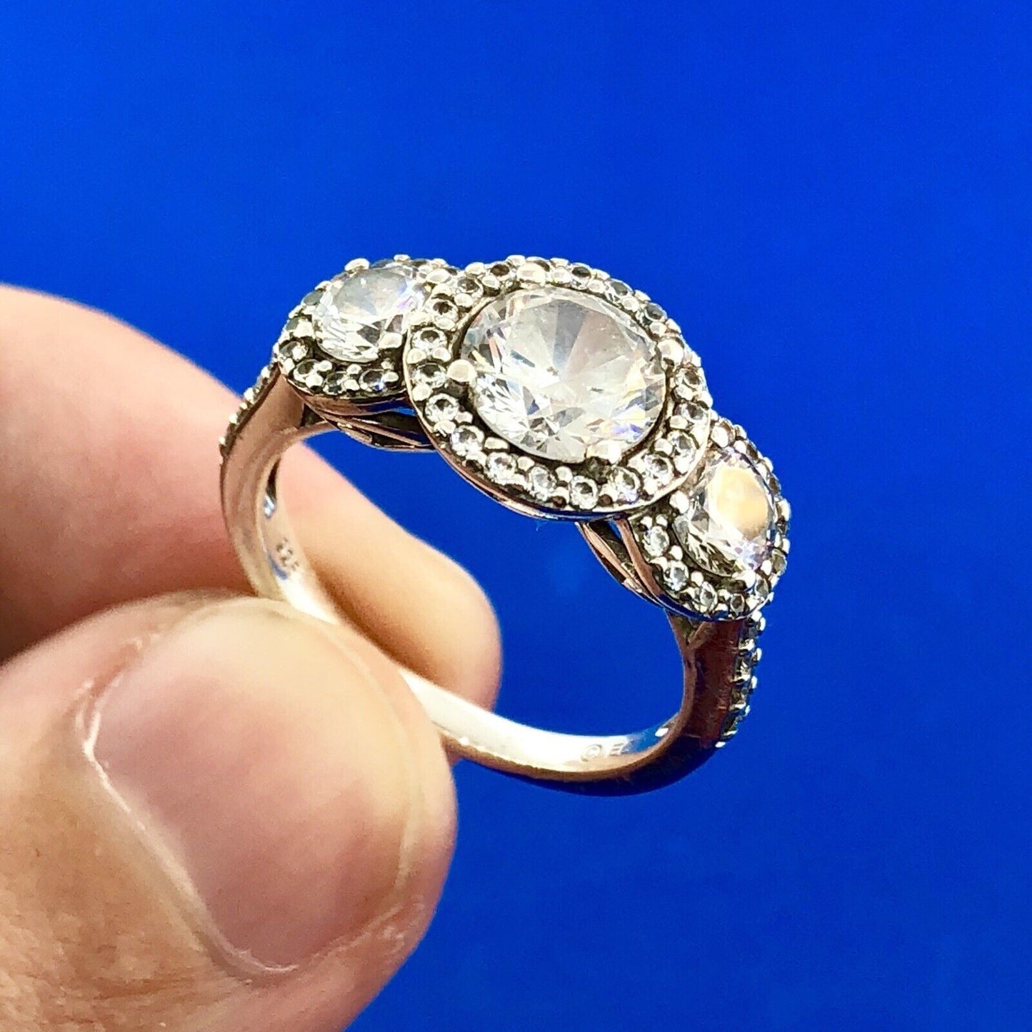 Designer 925 Sterling Silver Cubic Zirconia CZ Trio Halo Engagement Promise Ring