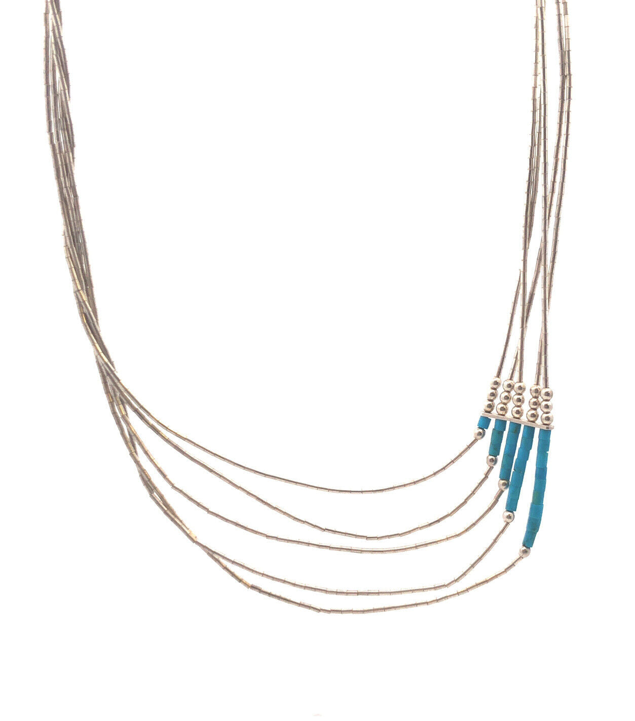 Native American 925 Sterling Silver Turquoise Liquid Silver 5 Strand Necklace