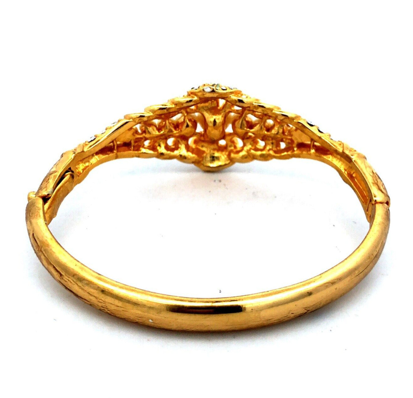 Vintage Barbara Mandrell Gold Tone Faux Pearl Rhinestone Hinged Cuff Bracelet