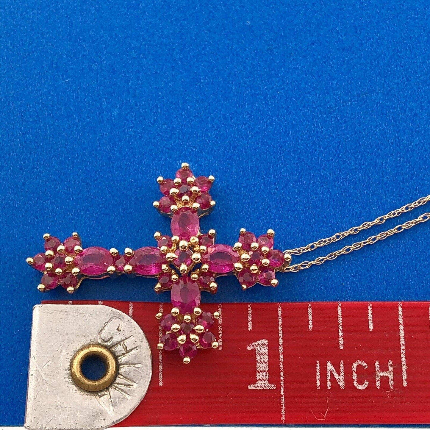 Designer 14k Yellow Gold Round Oval Cut Ruby Religious Cross Communion Necklace