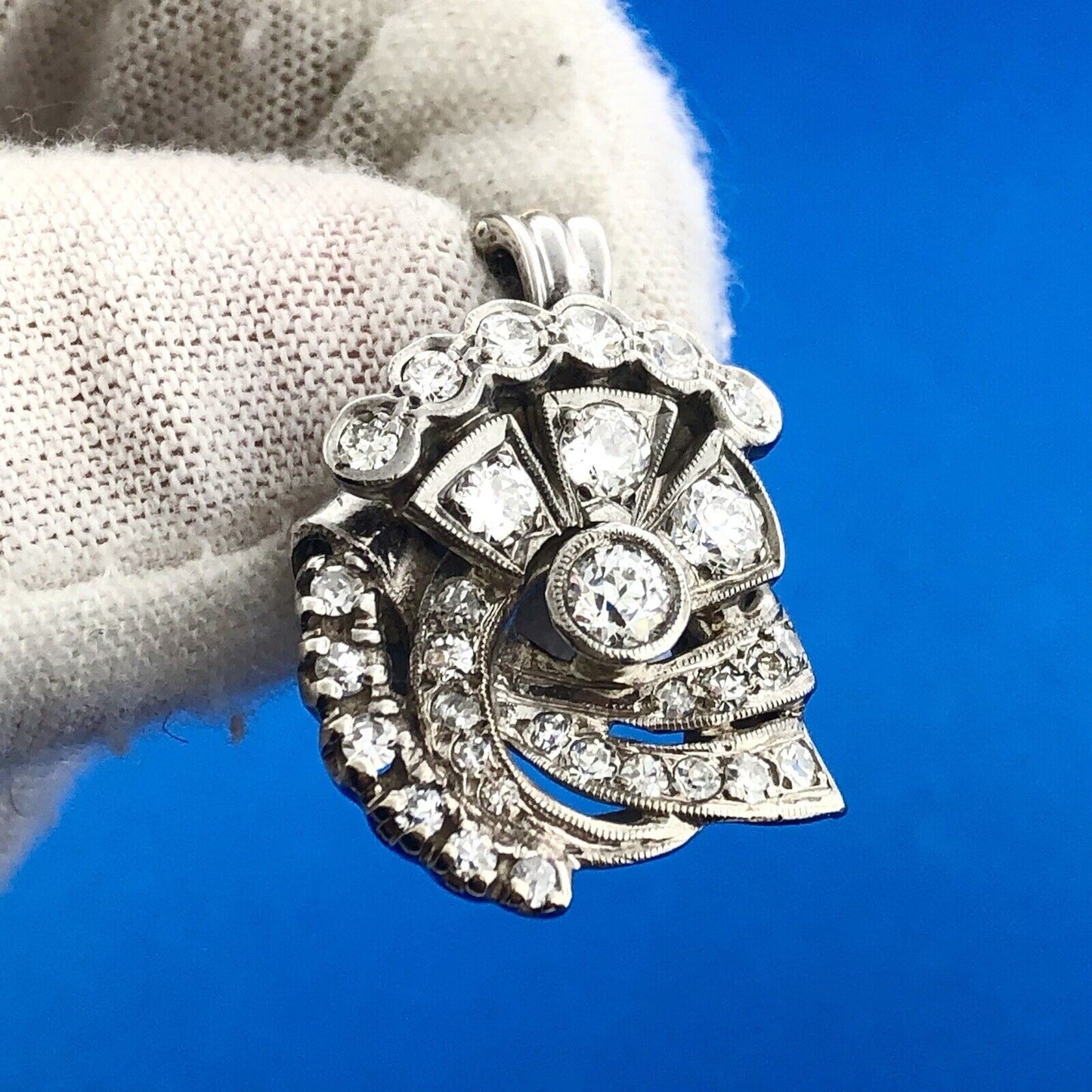 Vintage Art Deco 14K White Gold Diamond Flower Cluster Enhancer Pendant Stunning