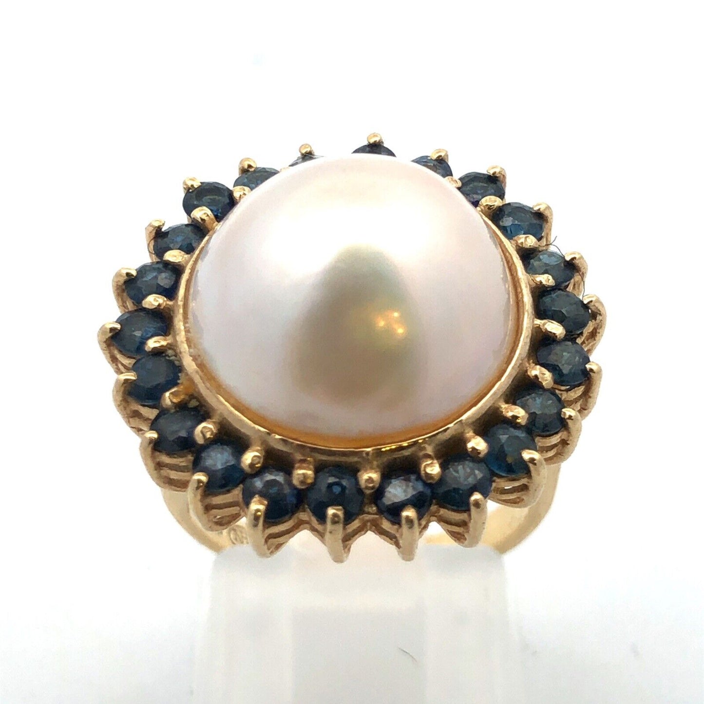 Vintage Designer 14K Yellow Gold Mabe Pearl Sapphire Halo Statement Cocktail Rin
