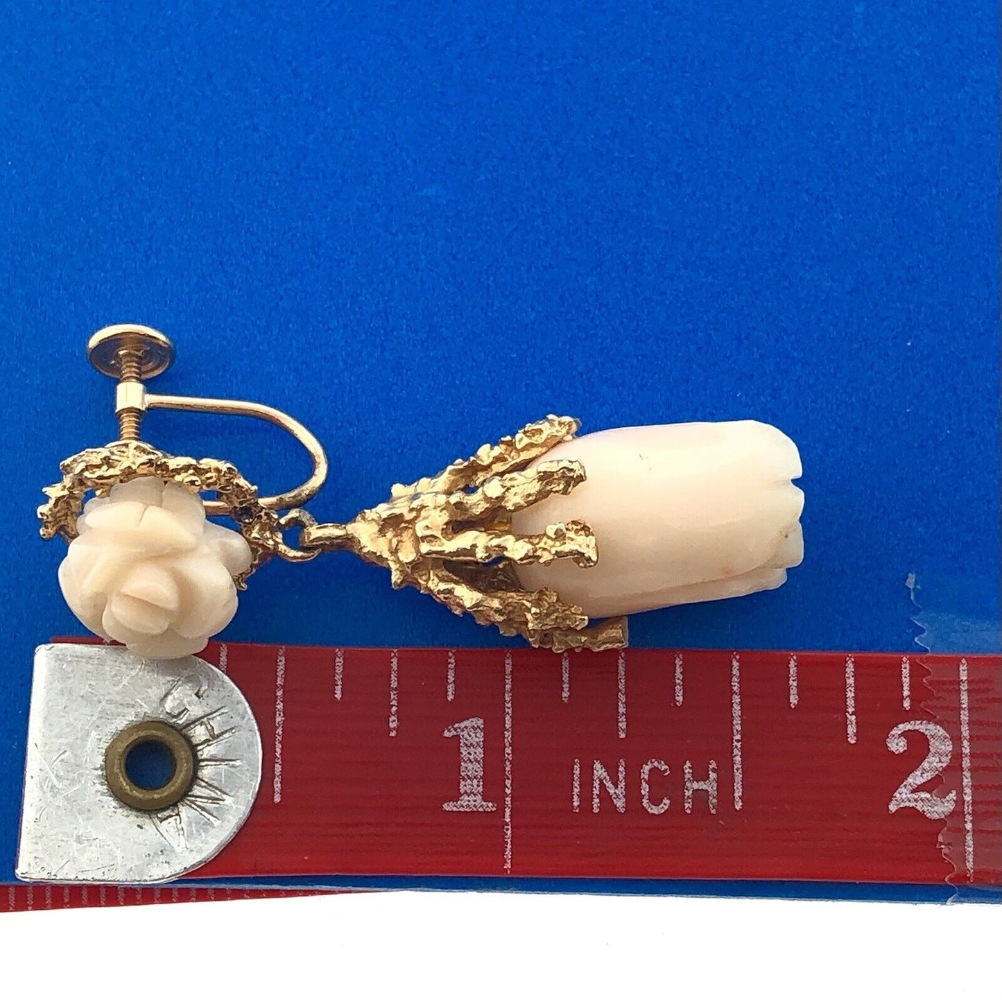 Mid Century 14K Yellow Gold Carved Pink Coral Rose Flower Dangle Screw Earrings
