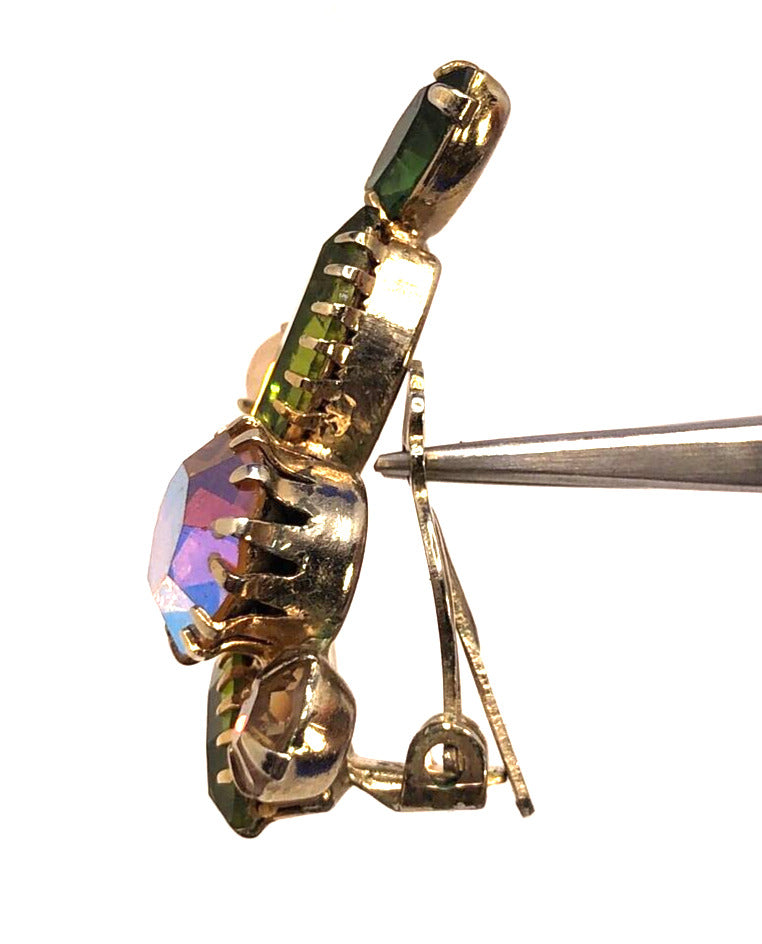 Mid Century Aurora Borealis Rhinestone Faux Pearl Statement Brooch & Earrings