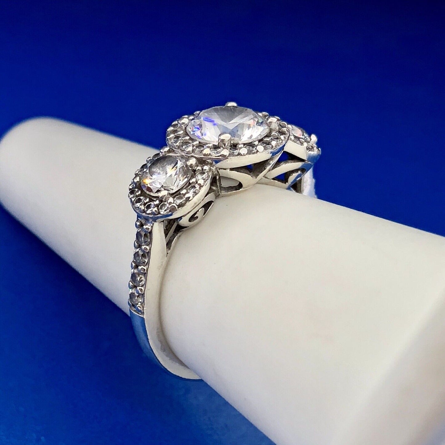 Designer 925 Sterling Silver Cubic Zirconia CZ Trio Halo Engagement Promise Ring