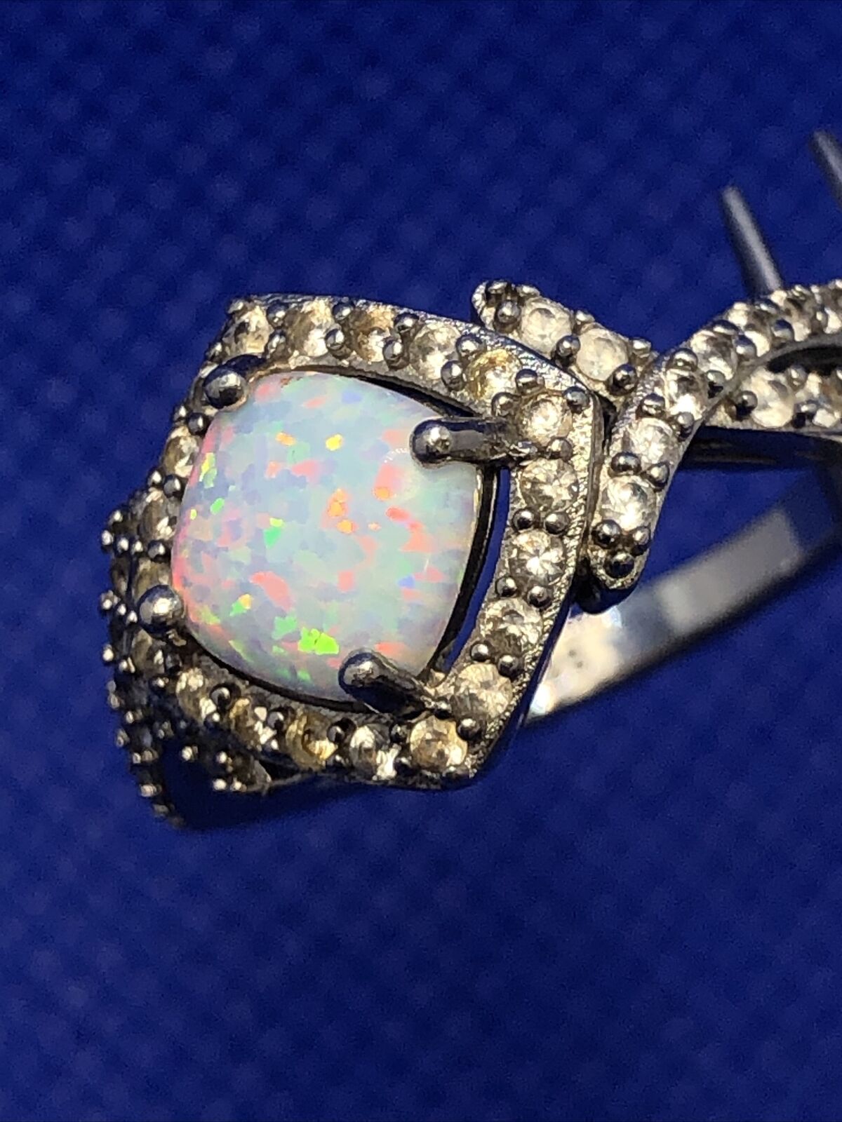 Designer SUN 925 Sterling Silver Opal Diamond Accented Size 6 Statement Ring