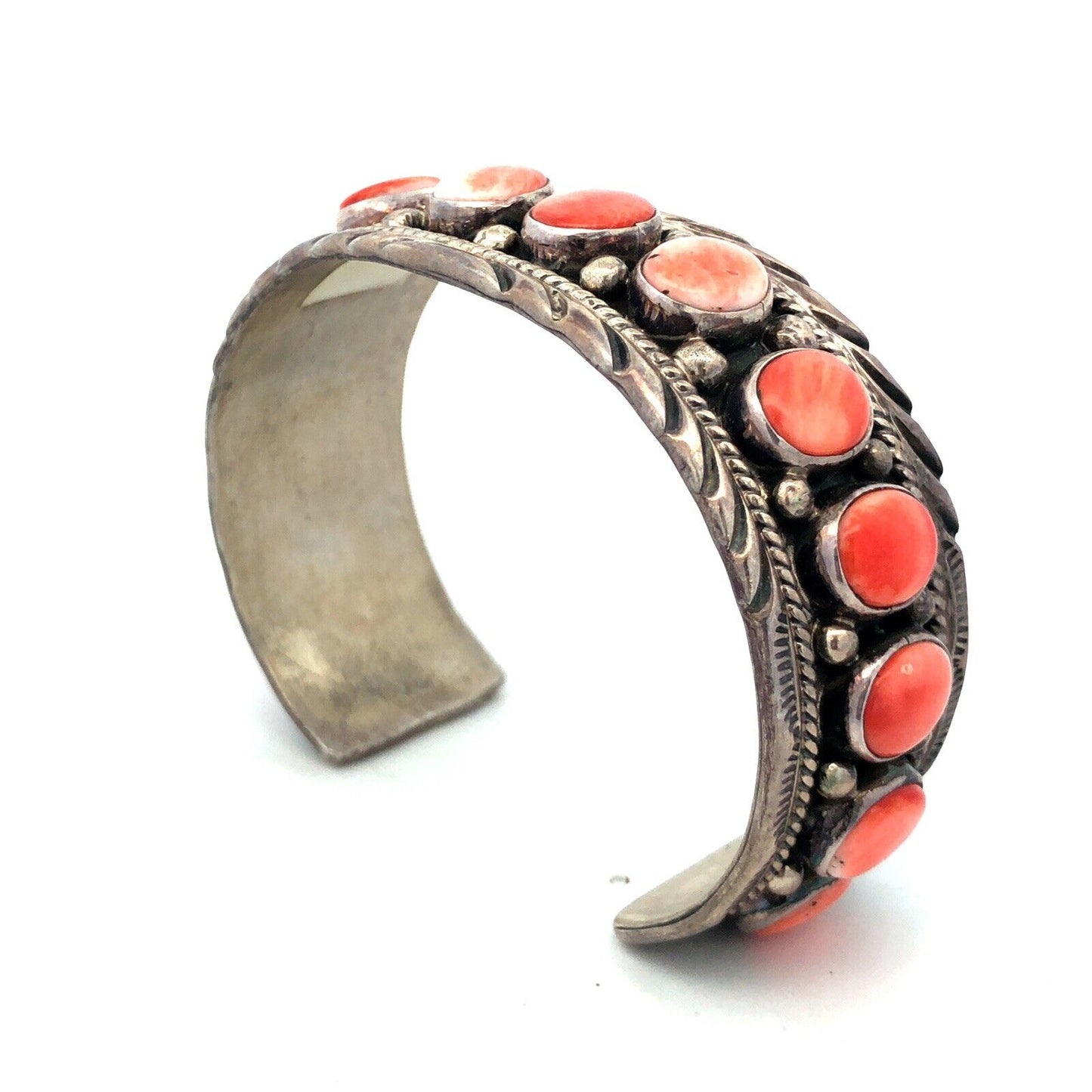 Charlene Yazzie Navajo 925 Sterling Silver Oval Spiny Oyster Open Cuff Bracelet