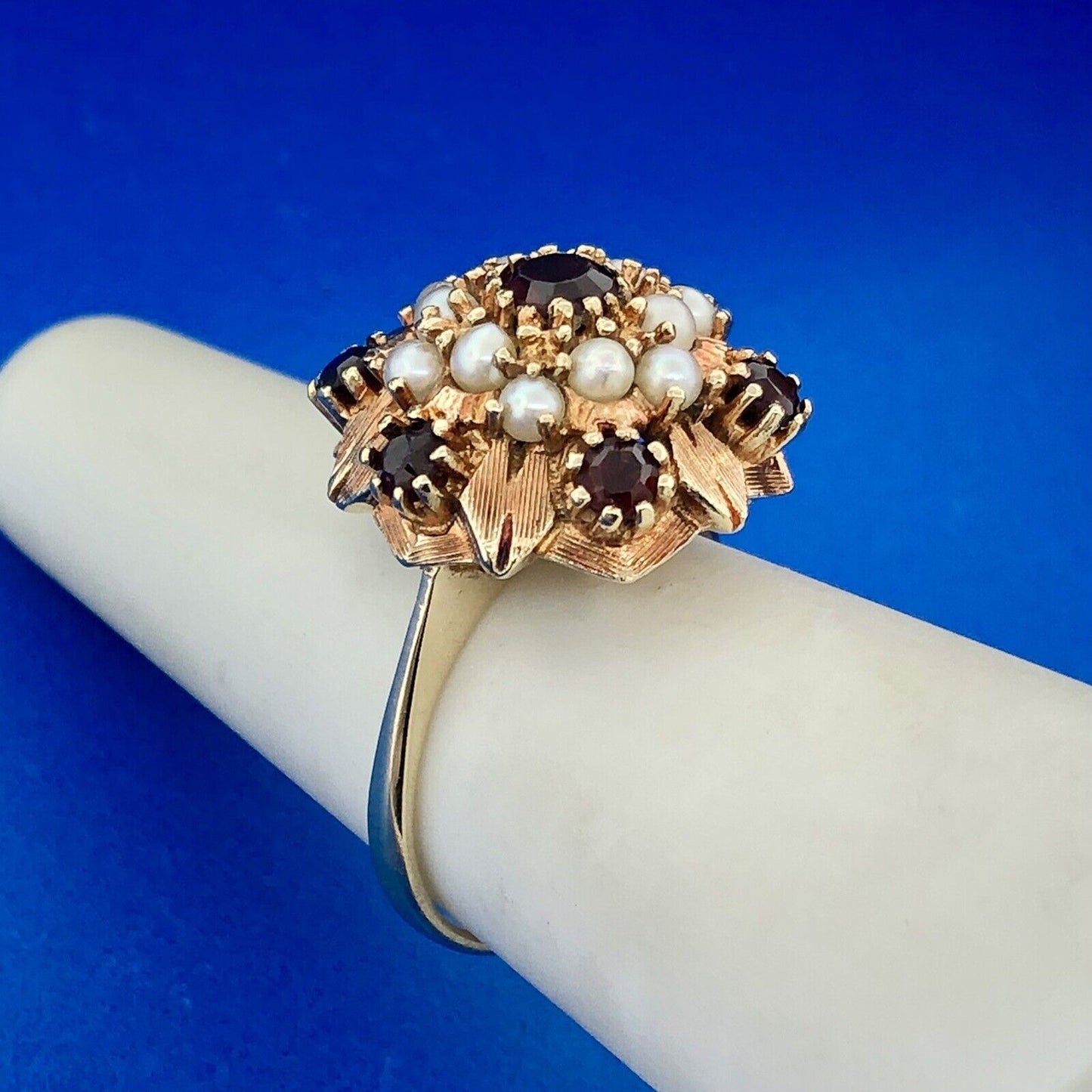 Designer 14k Yellow Gold Round Garnet Pearl Hexagon Cluster Dome Size 6.5 Ring