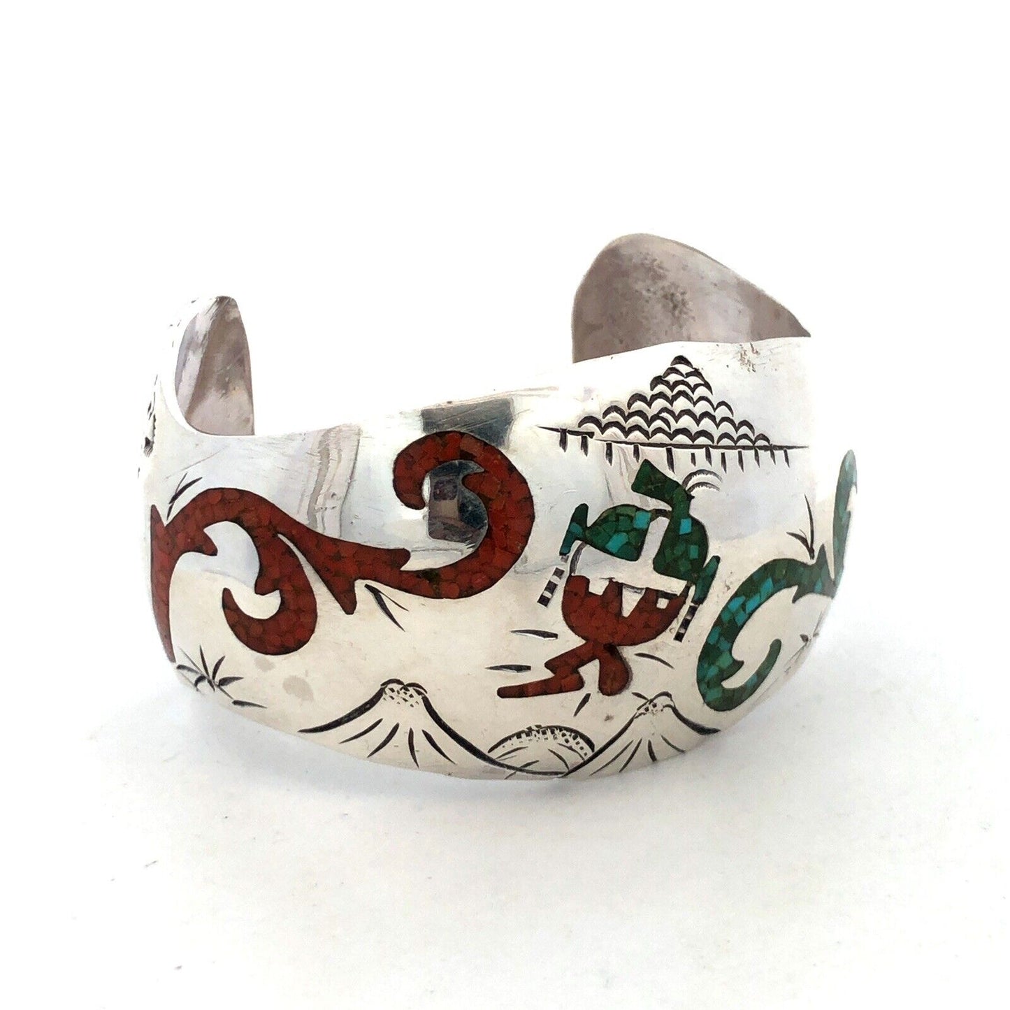Native American BT 925 Sterling Silver Turquoise Coral Storyteller Cuff Bracelet