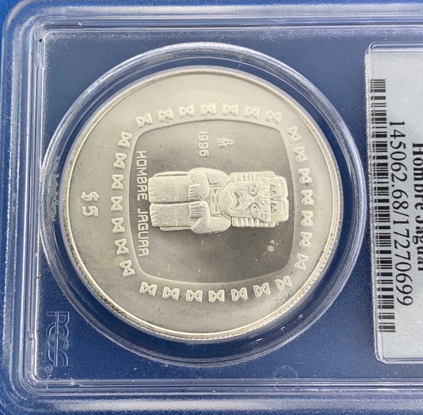 1996 Mo Mexico City 5 Peso 1 oz Silver Hombre Jaguar PCGS MS68 Mexico Coin