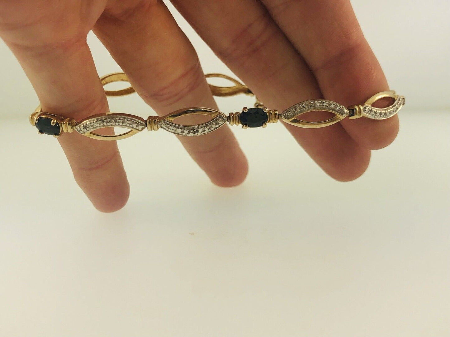Estate Sterling Silver 925 Vermeil Oval Sapphire Station Tennis Bracelet