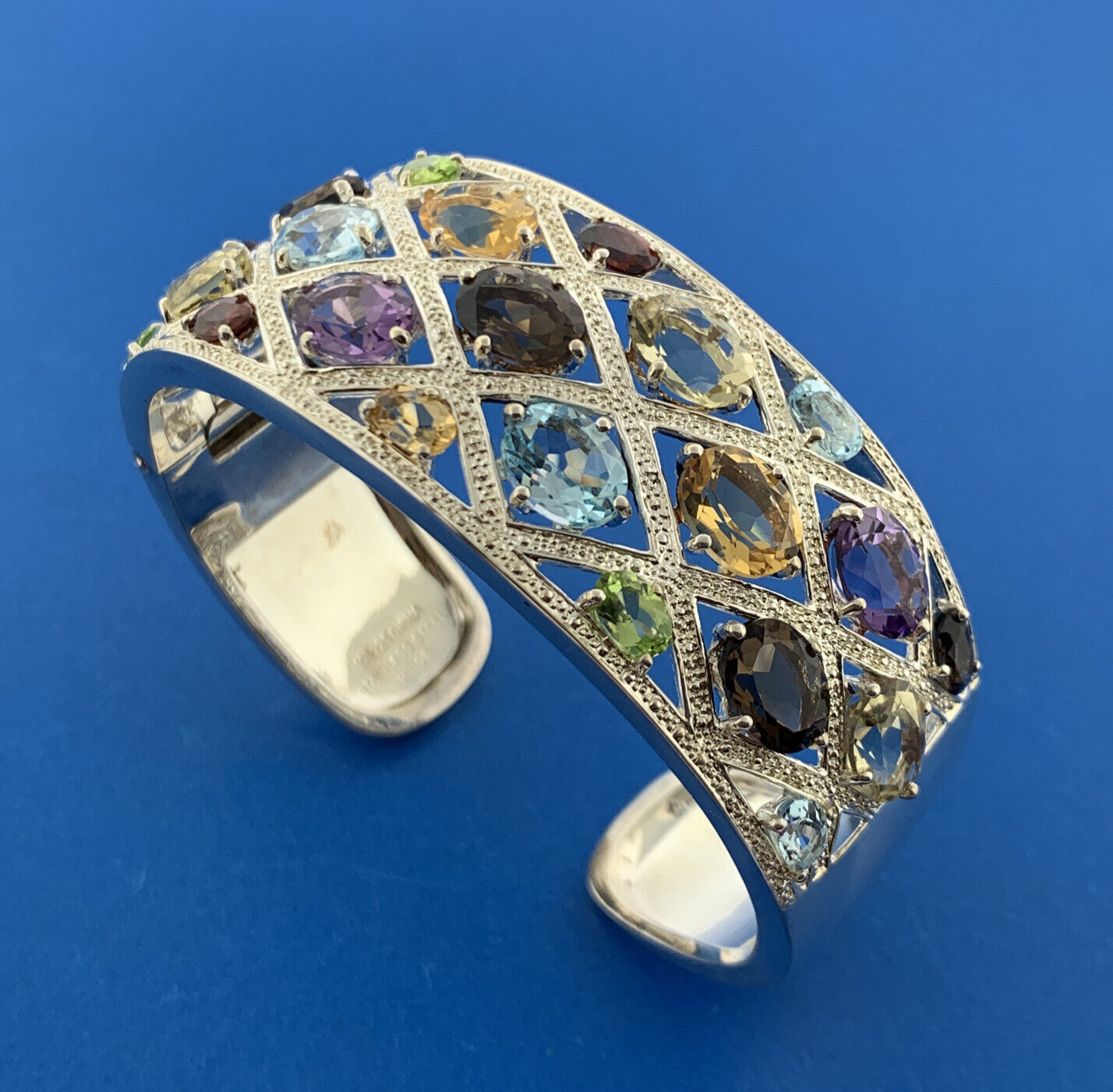 Designer Sterling Silver Multicolor Oval Quartz Statement Hinged Cuff Bracelet