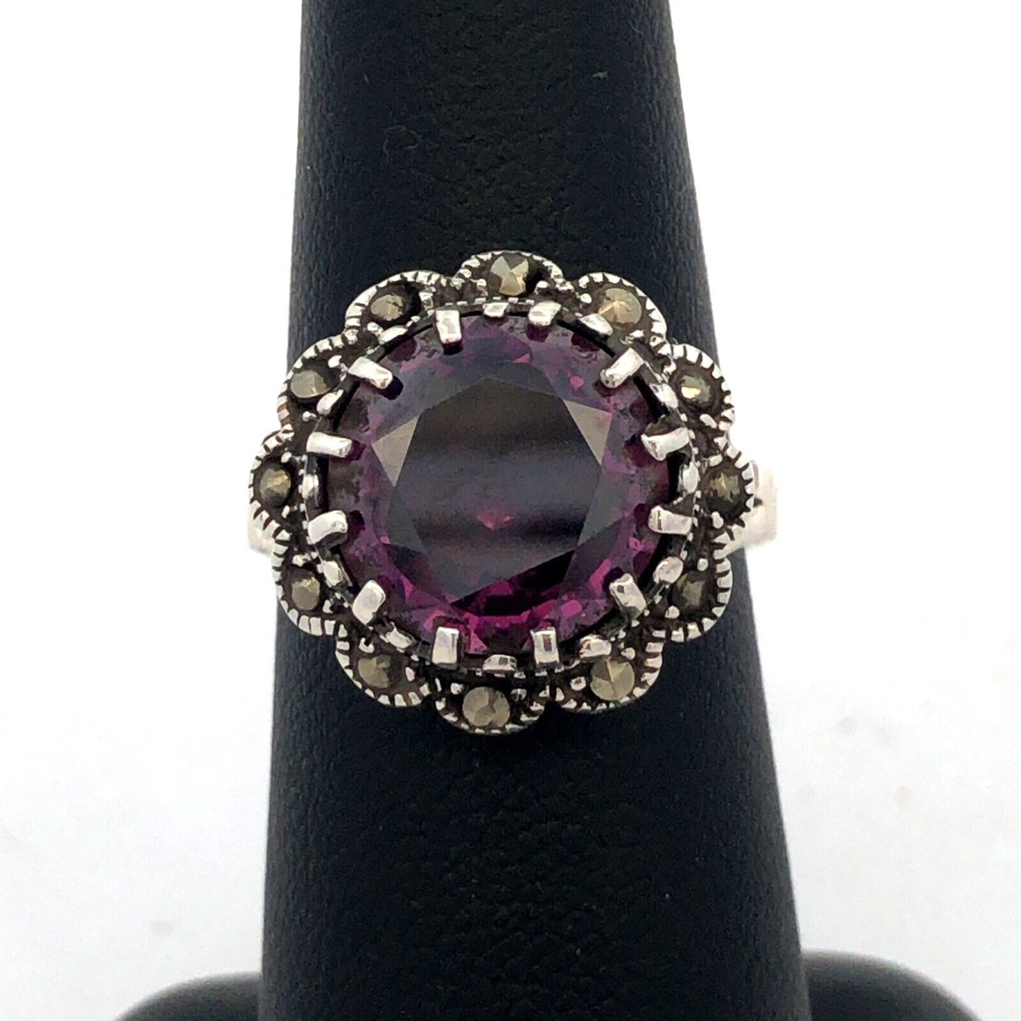 Vintage F 925 Sterling Silver Round Amethyst Marcasite Flower Cocktail Ring