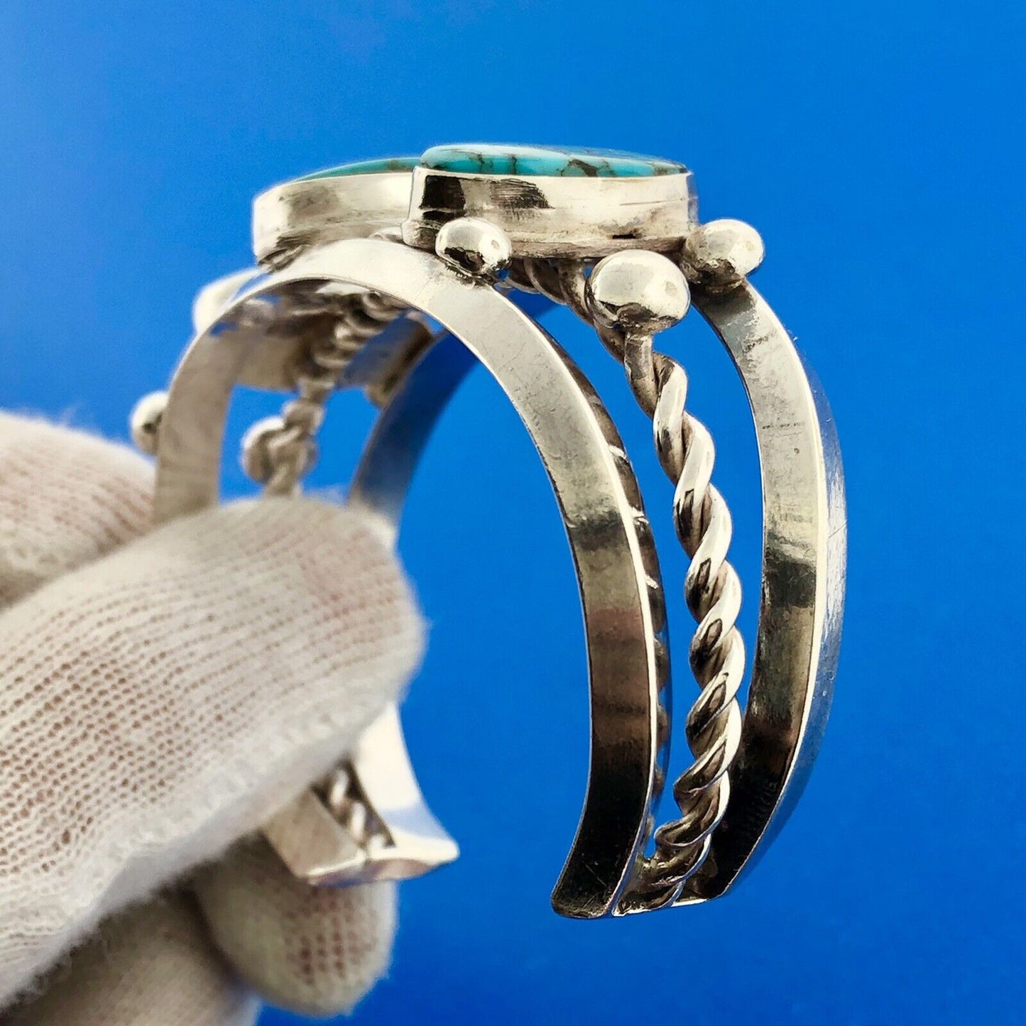 Estate Native American Sterling Silver Turquoise Chunky Cabochon Cuff Bracelet