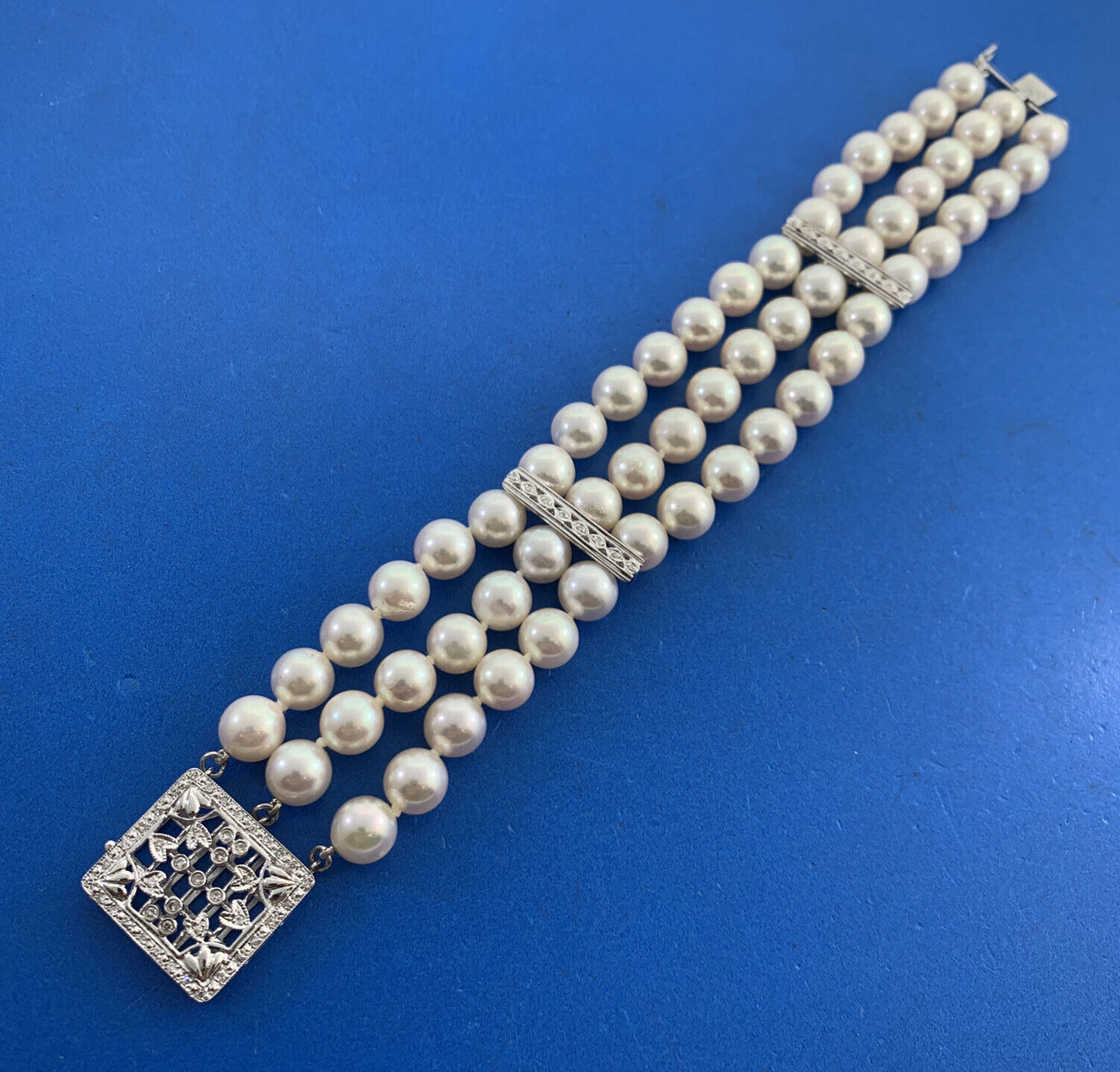 Designer 14K White Gold Pearl Diamond Three Strand Statement Wide Bracelet