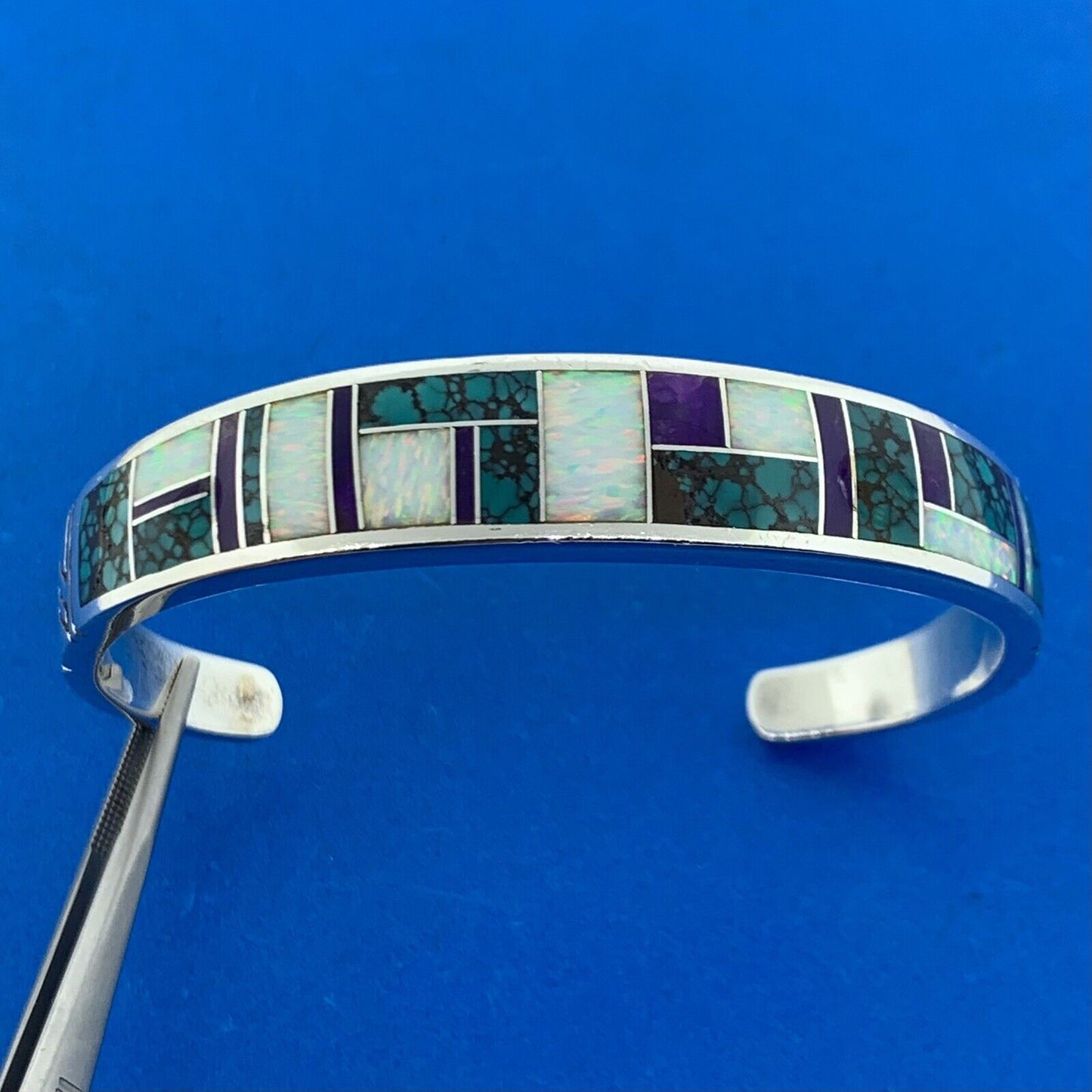 C Willie/D Rosales Sterling Silver Opal Spiderweb Turquoise Amethyst Inlay Cuff