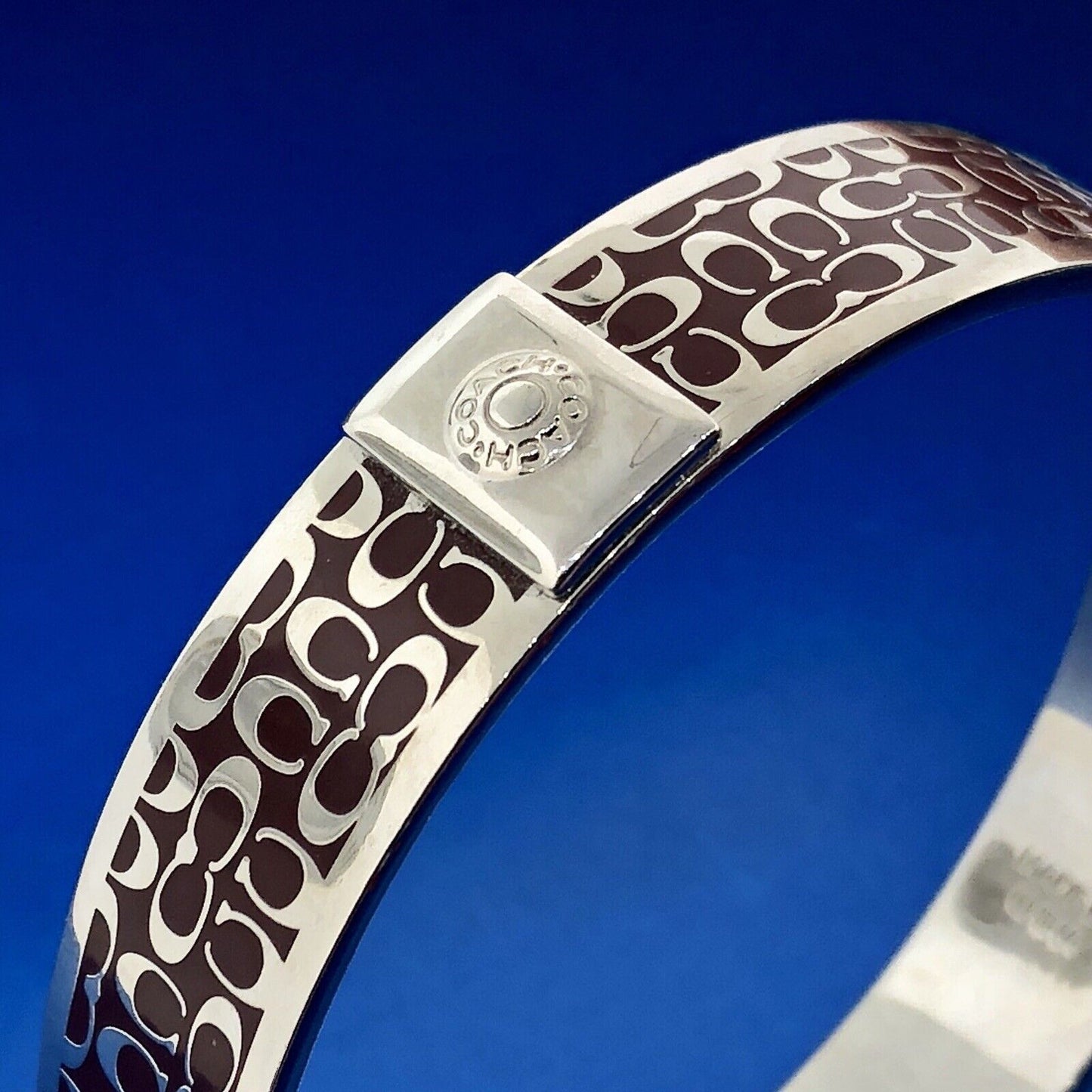 Authentic Coach Silver Tone Burgundy C Signature 1/2" Bangle Cuff Bracelet