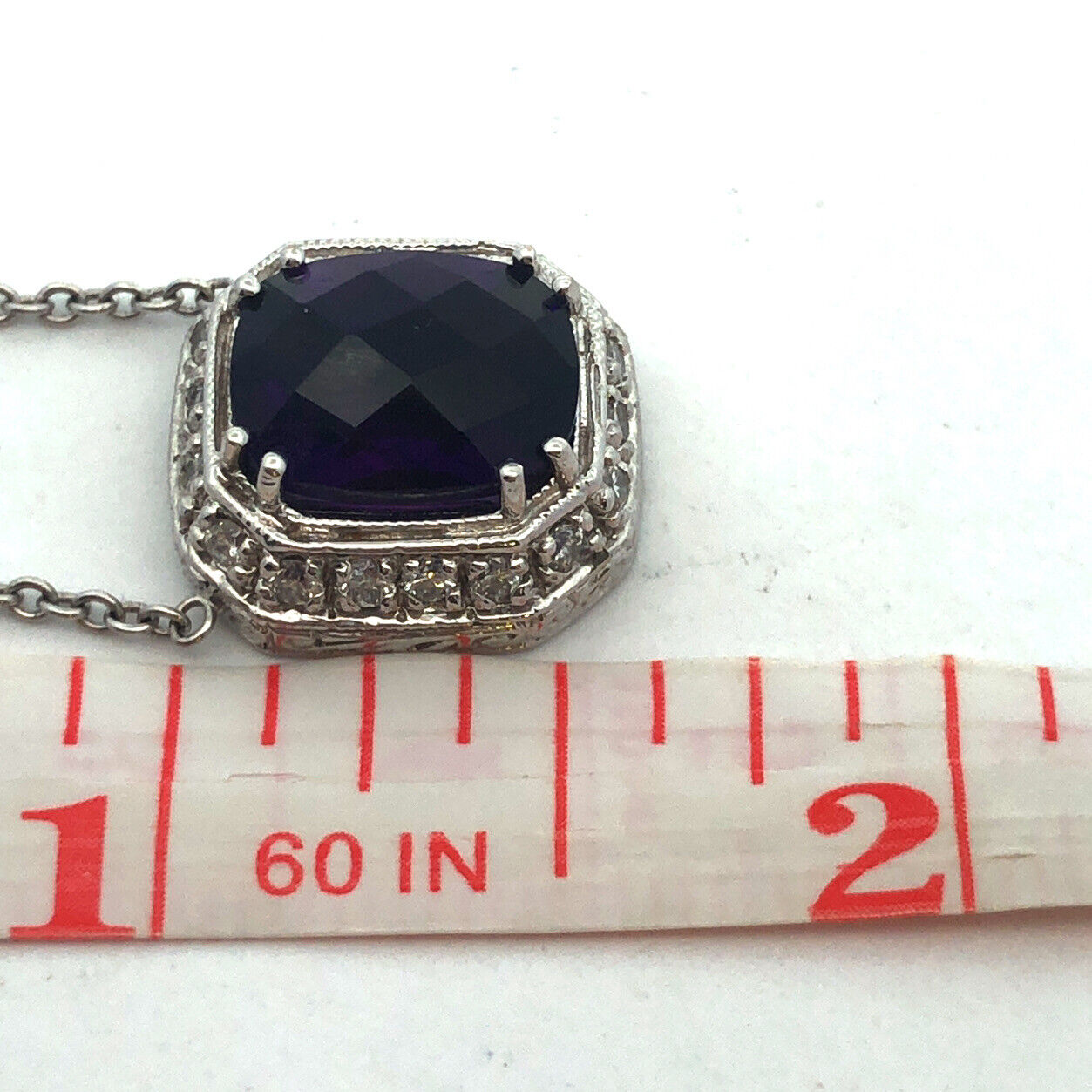 18k White Gold Faceted Purple Amethyst Diamond Accent 16.5" Chain Necklace