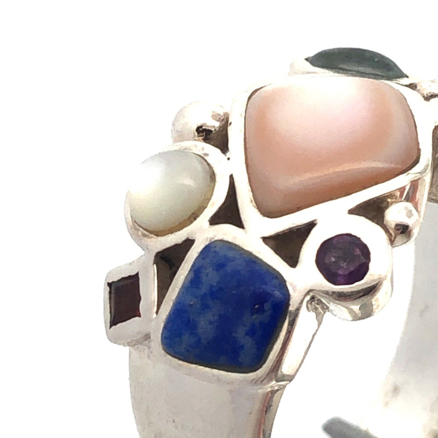 Designer LT 925 Sterling Silver Mother of Pearl Lapis Lazuli Cluster Band Ring