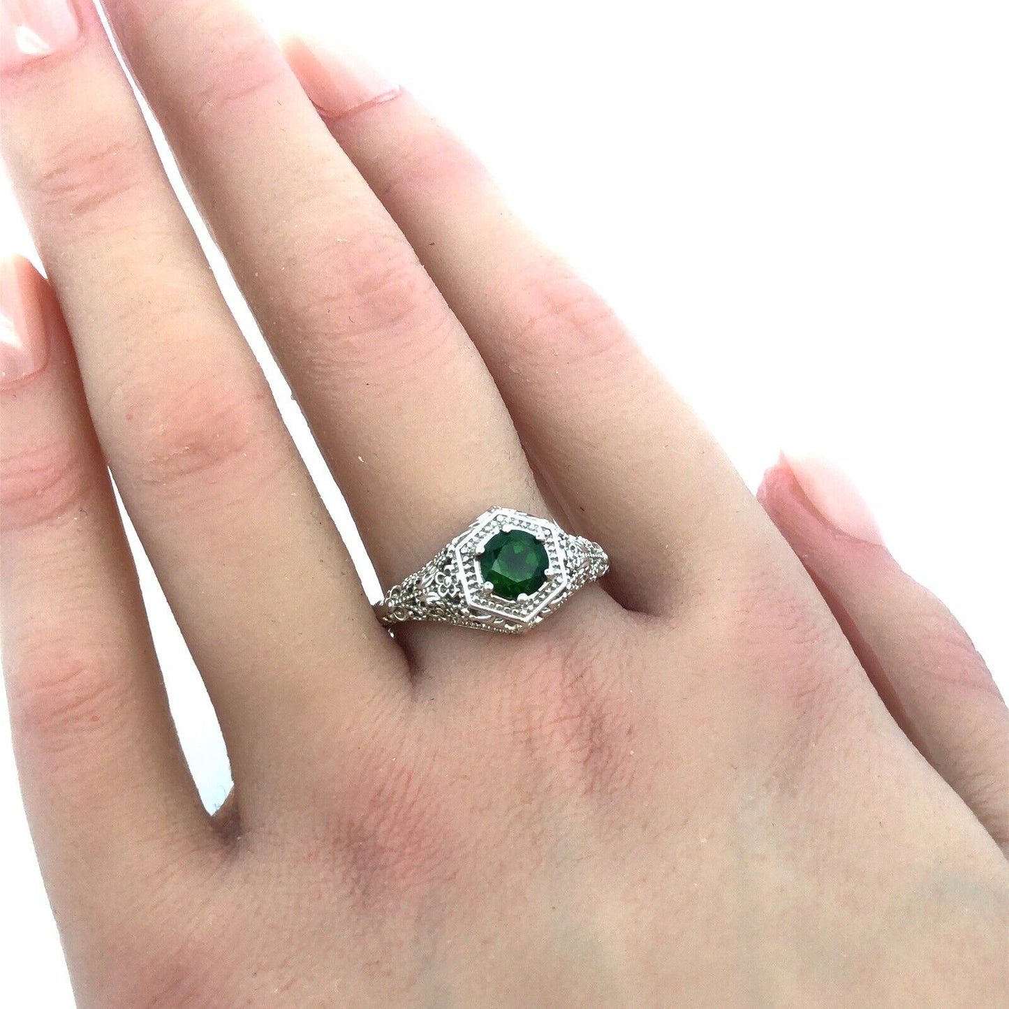 Designer BBJ 925 Sterling Silver Round Green Tourmaline Filigree Solitaire Ring